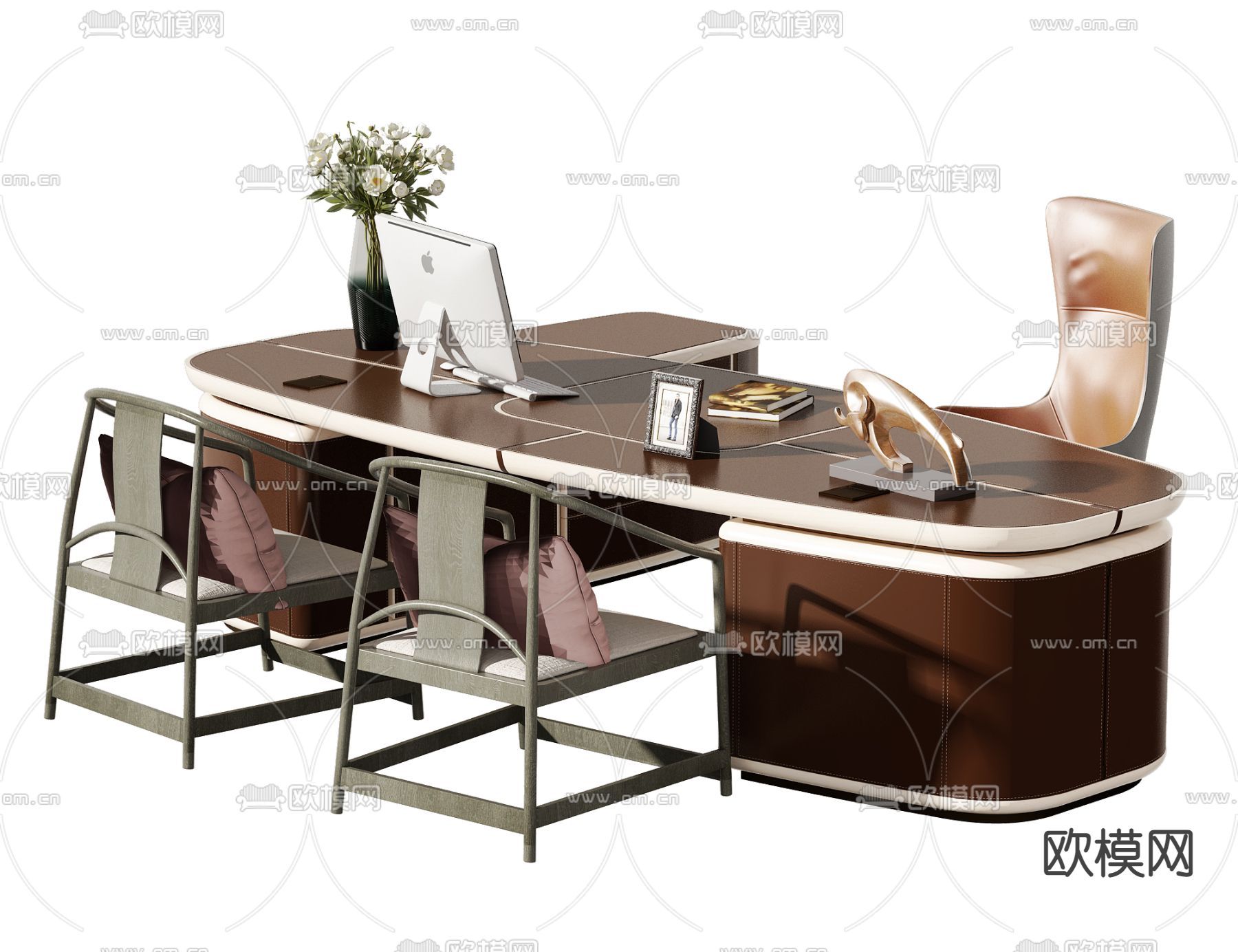 新中式班台办公桌椅3d模型下载