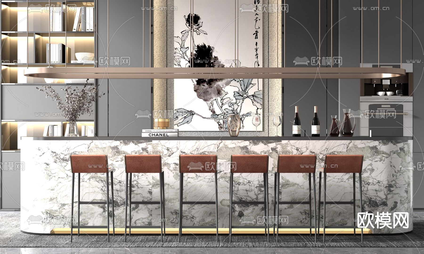 现代轻奢吧台su模型下载（渲染图1）