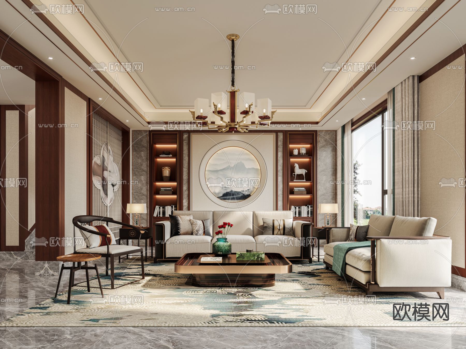 新中式布艺组合沙发3d模型下载