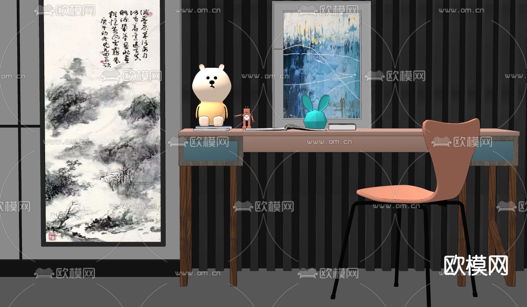 现代轻奢书桌椅su模型下载（渲染图2）