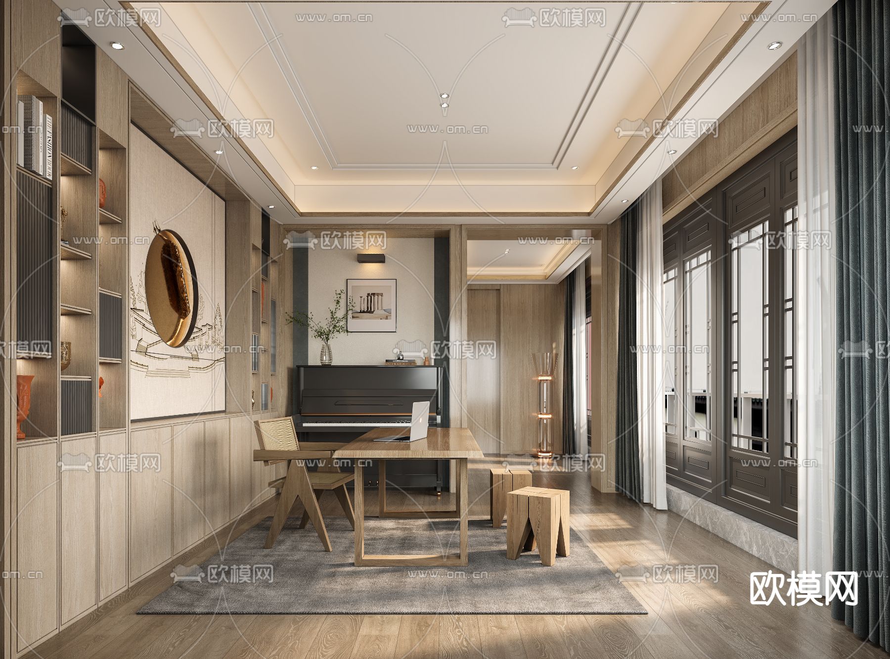 新中式书房3d模型下载