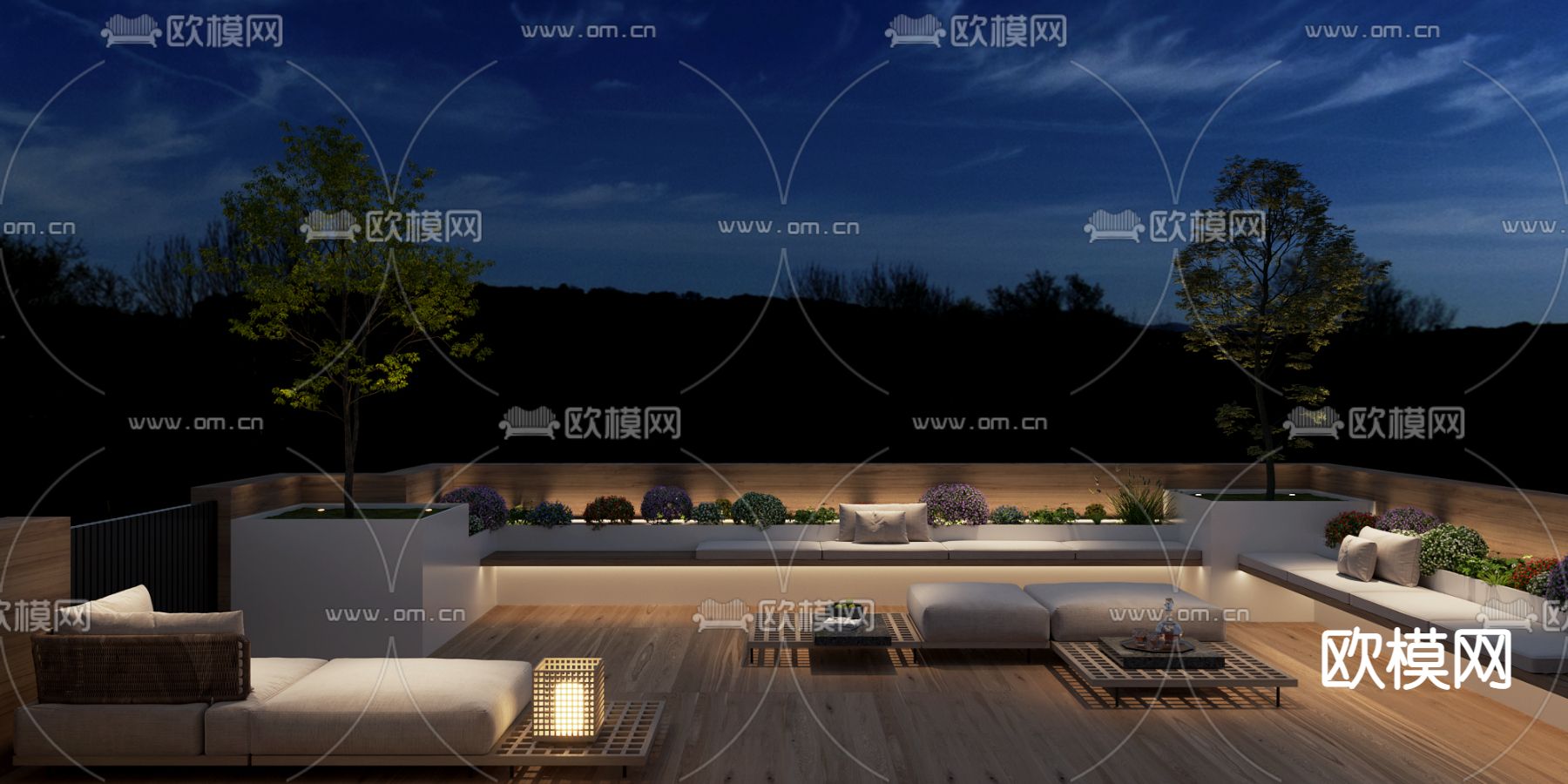 现代庭院花园夜景3d模型下载（渲染图1）