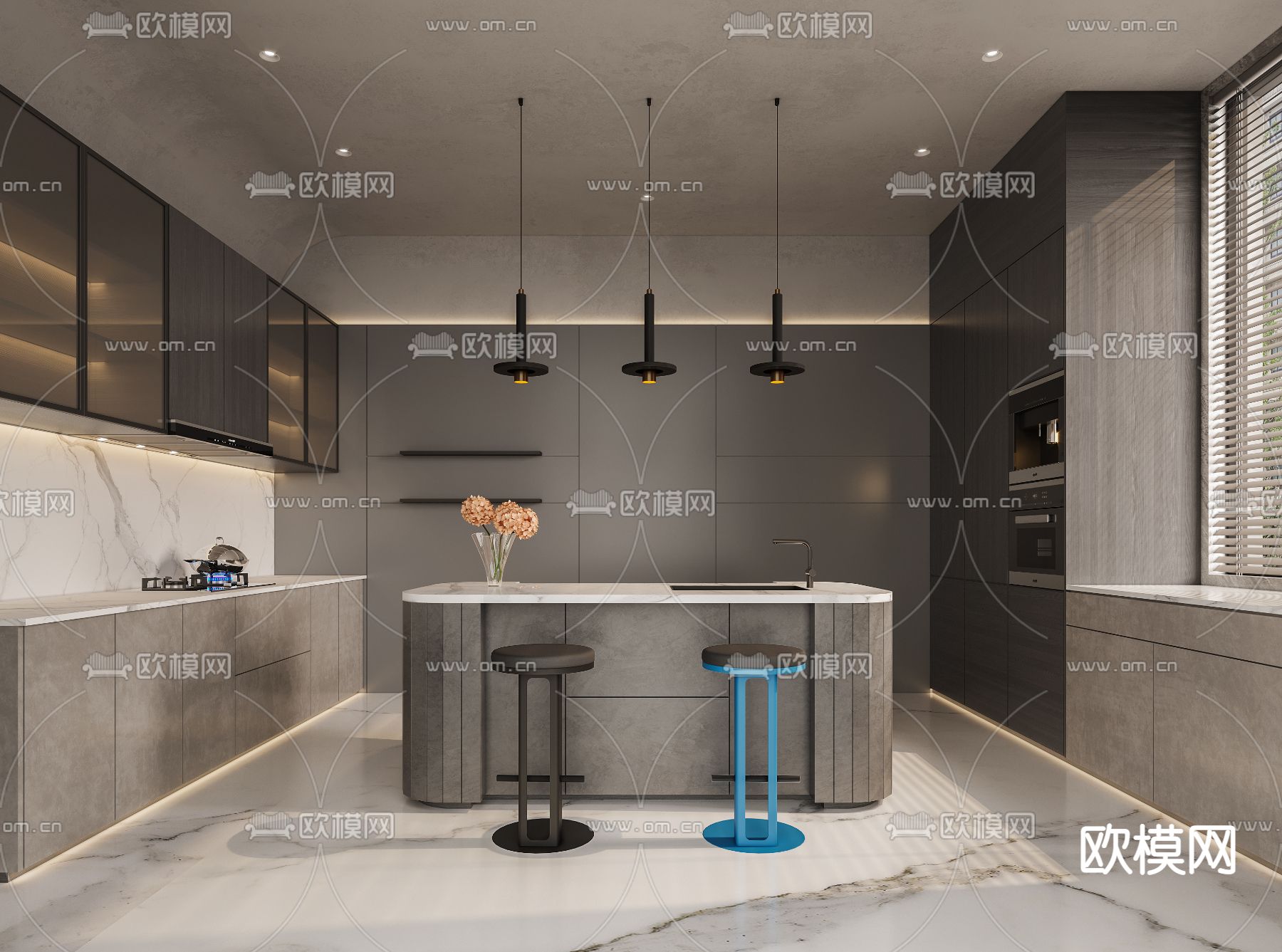 现代高级灰厨房3d模型下载