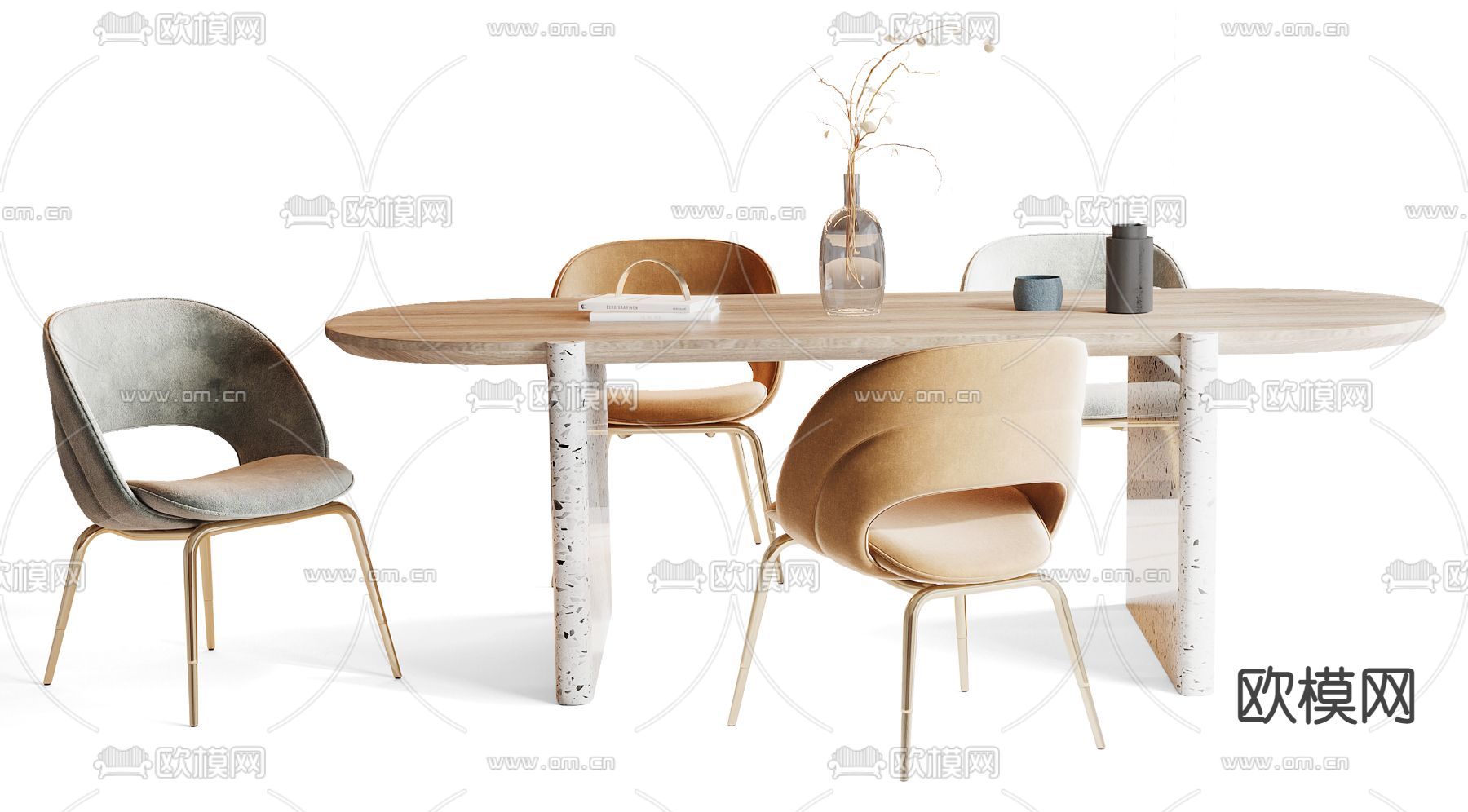 北欧原木餐桌椅3d模型下载（渲染图1）
