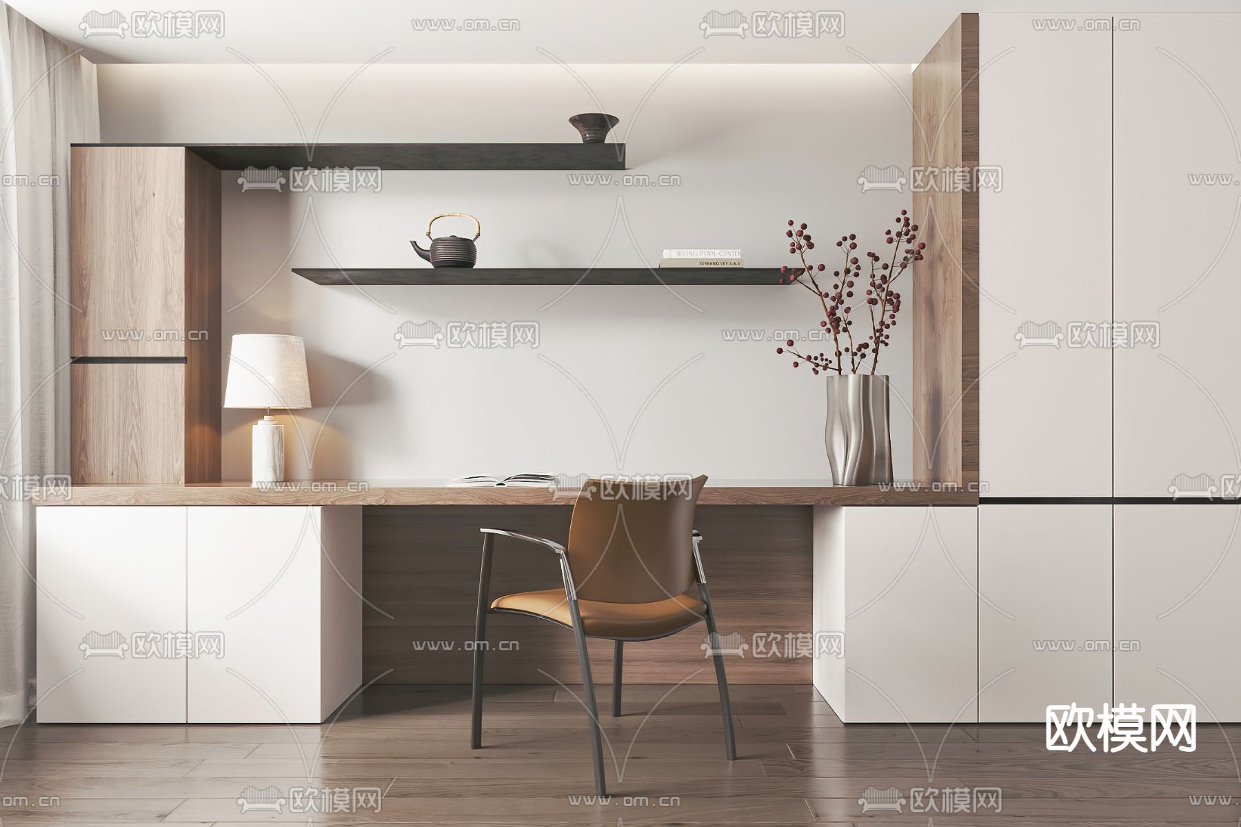 现代书桌书柜一体式3d模型下载