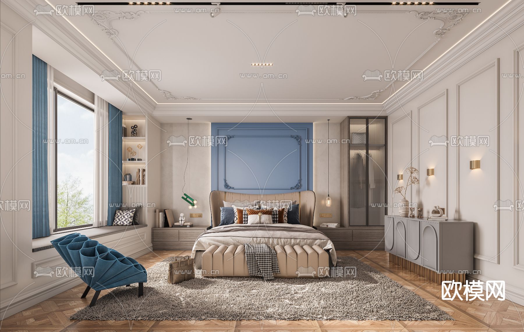 简欧卧室主人房3d模型下载（渲染图1）