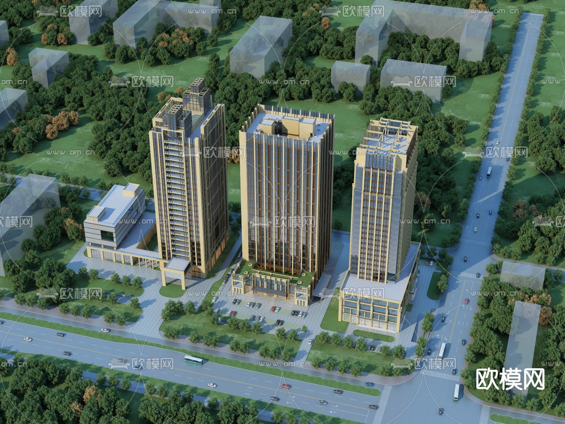 新古典高层办公楼鸟瞰3d模型下载