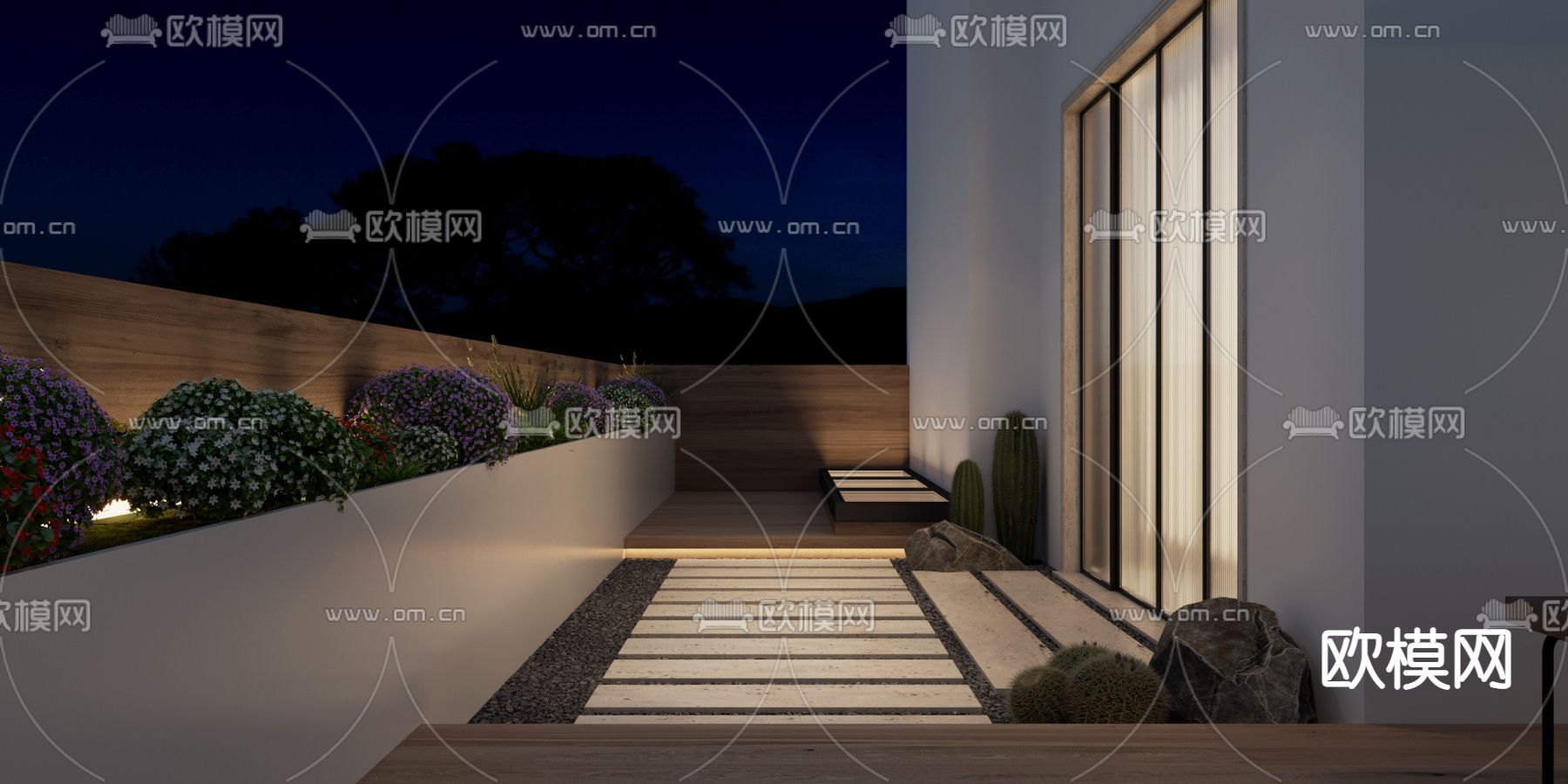 现代庭院花园夜景3d模型下载（渲染图2）