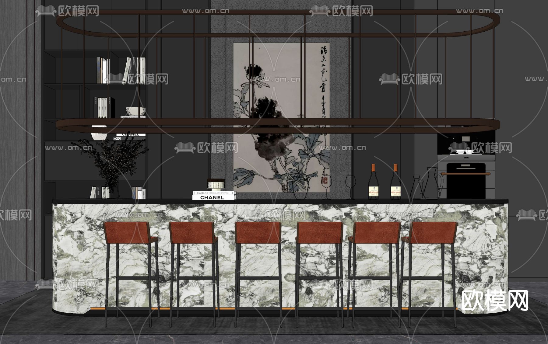 现代轻奢吧台su模型下载（渲染图2）