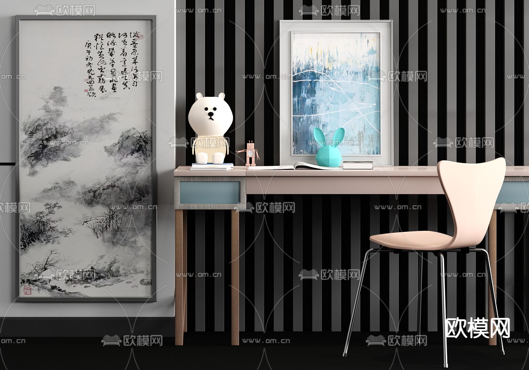 现代轻奢书桌椅su模型下载（渲染图1）