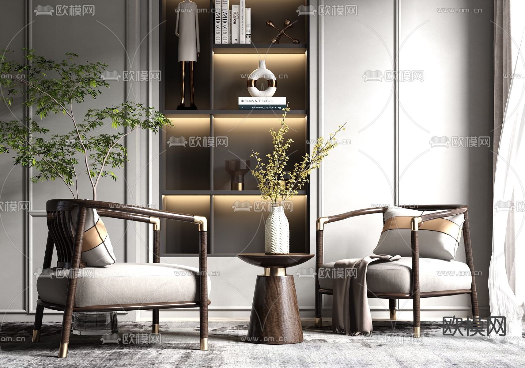 新中式布艺休闲椅3d模型下载