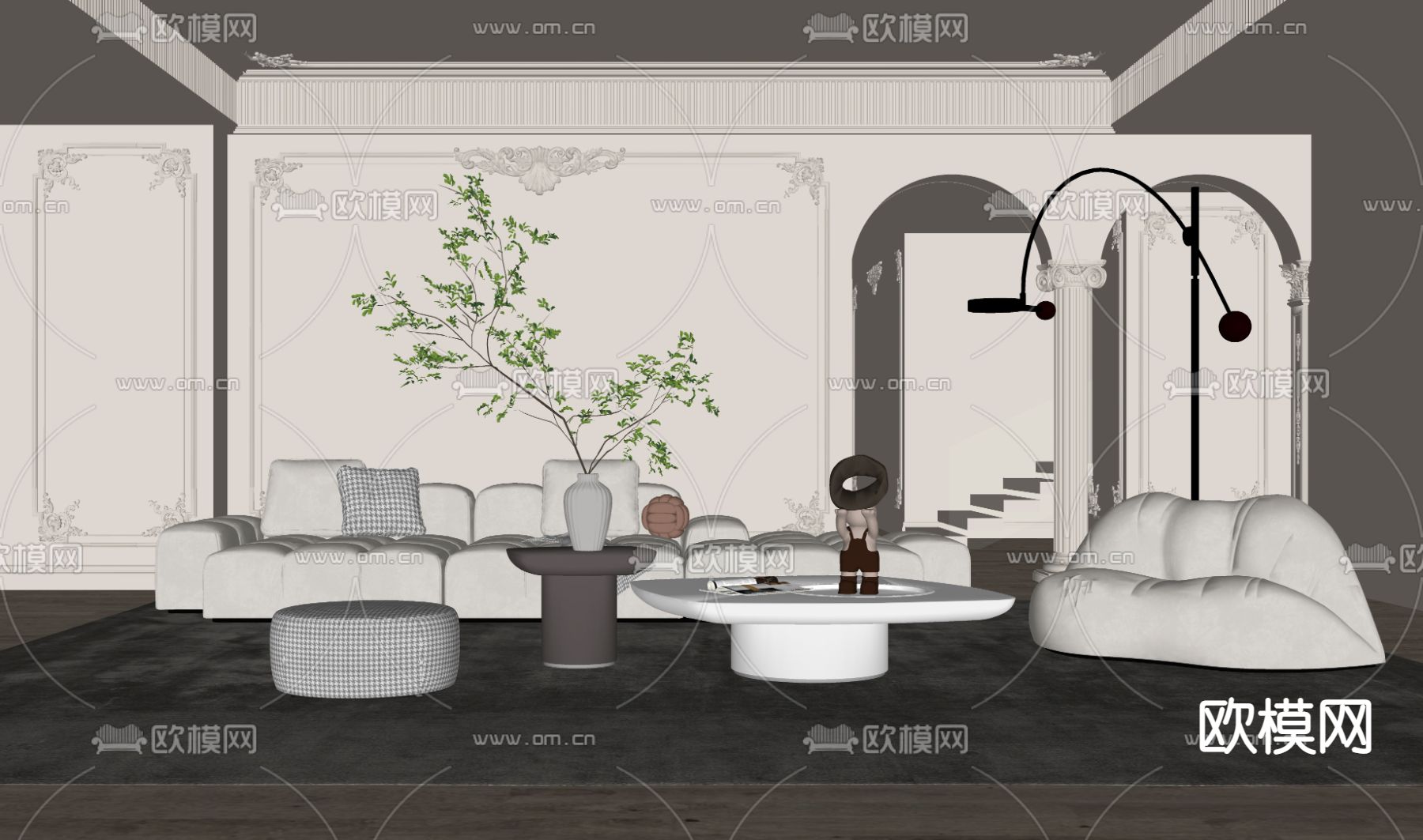 法式布艺沙发组合su模型下载（渲染图2）