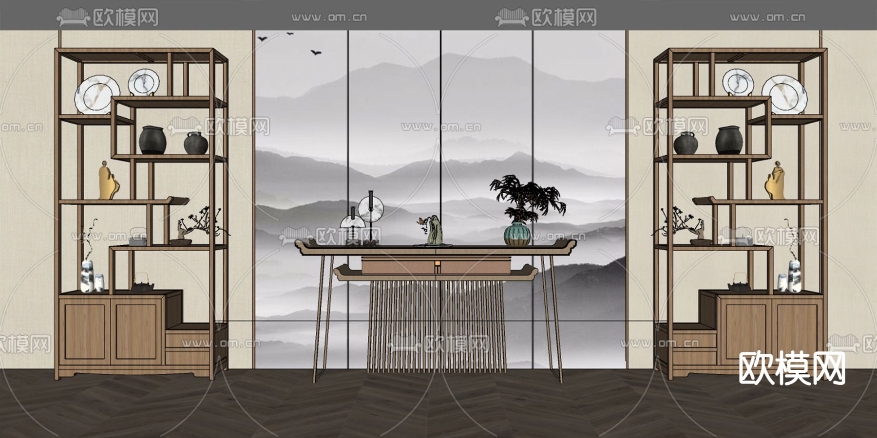 新中式博古架su模型下载（渲染图1）
