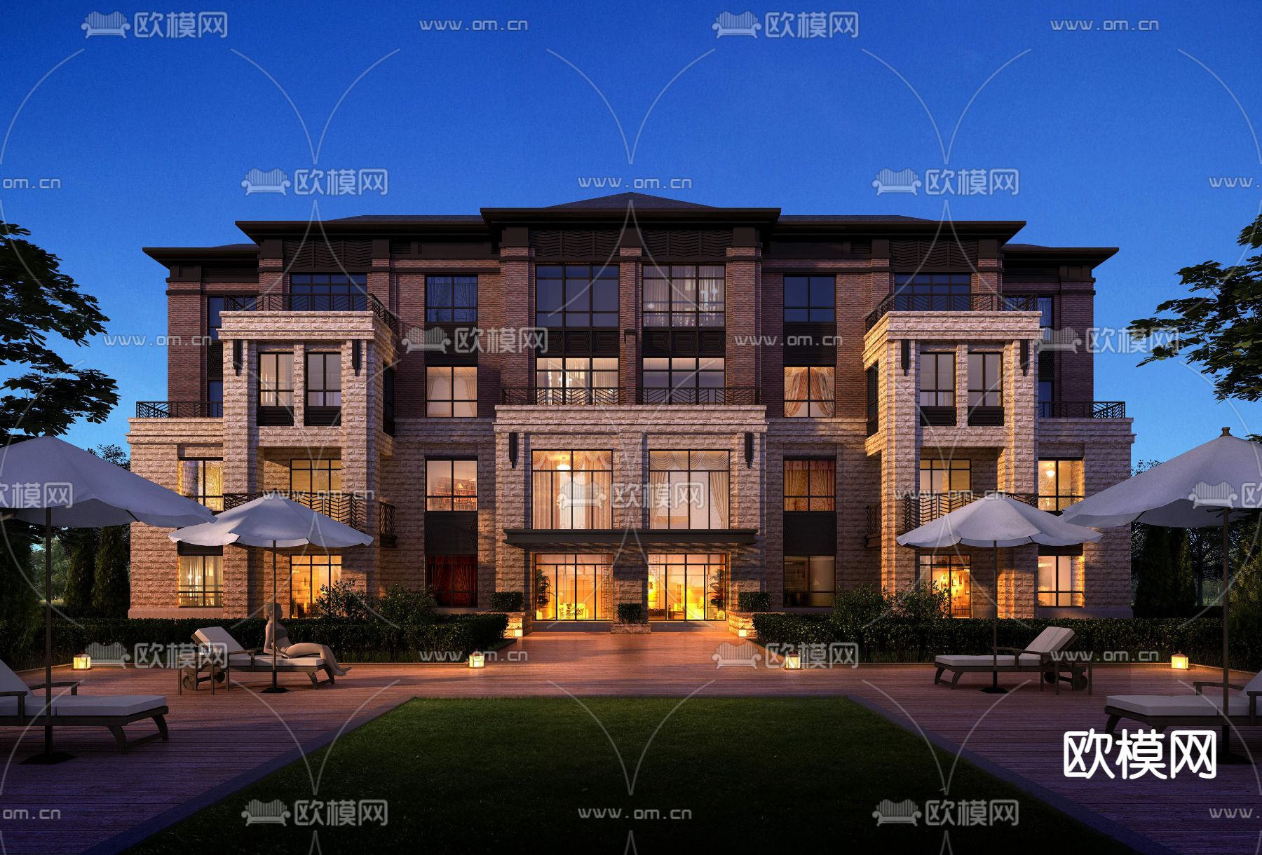 简欧夜景联排别墅外观3d模型下载_ID11789874_3dmax免费模型-欧模网