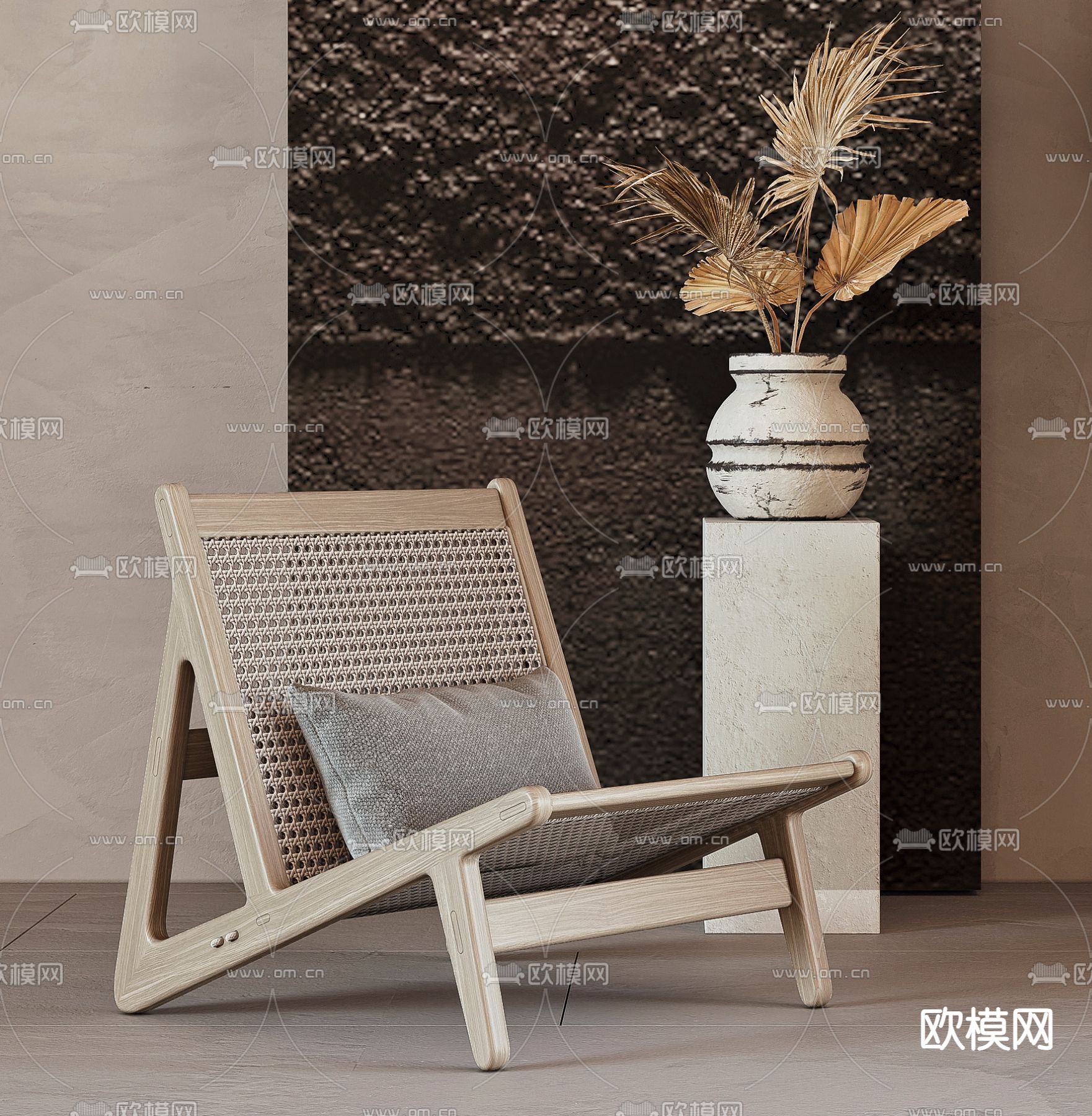 侘寂风藤编休闲椅3d模型下载（渲染图2）