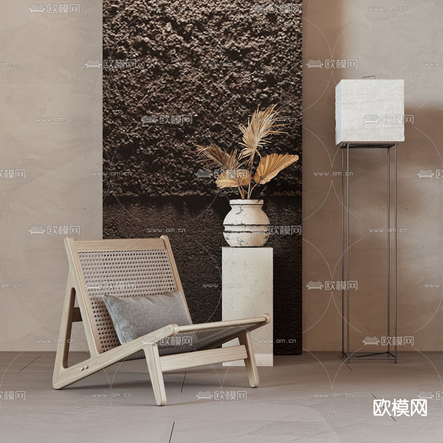 侘寂风藤编休闲椅3d模型下载（渲染图1）