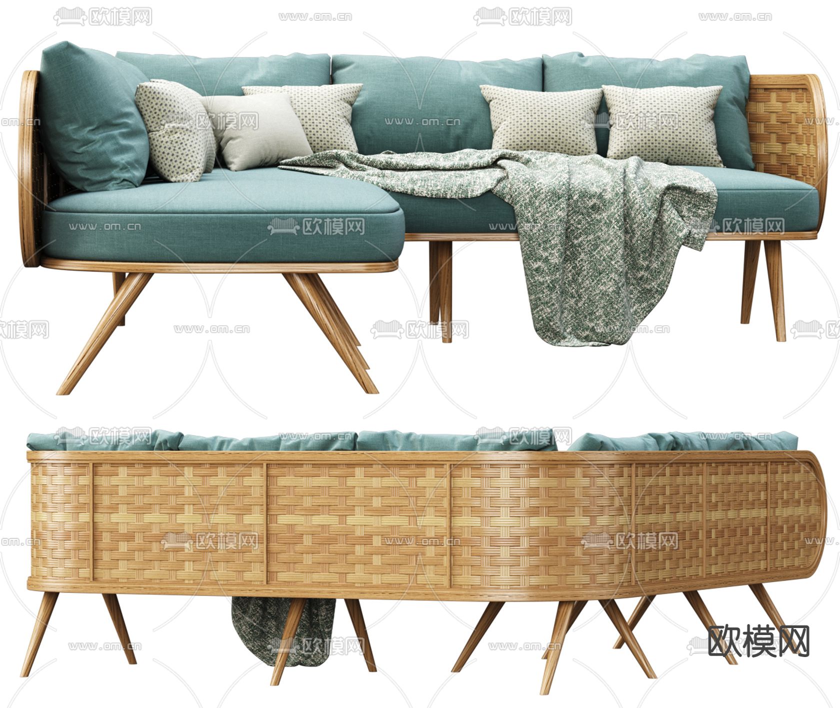 现代藤编布艺转角沙发3d模型下载（渲染图2）