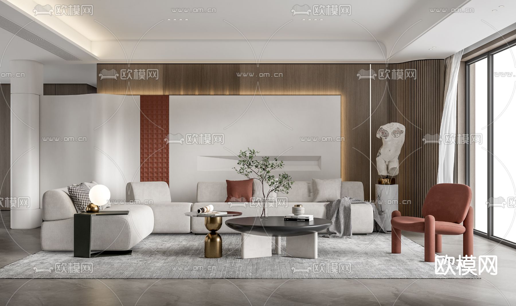 现代布艺沙发组合su模型下载（渲染图1）