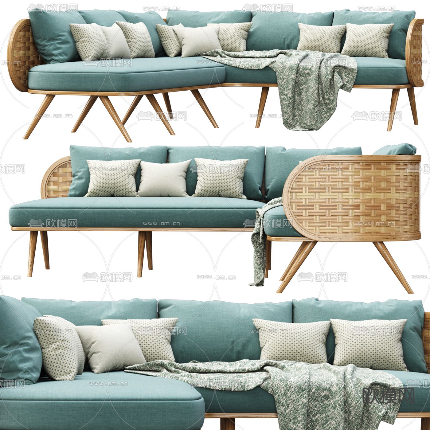 现代藤编布艺转角沙发3d模型下载（渲染图1）