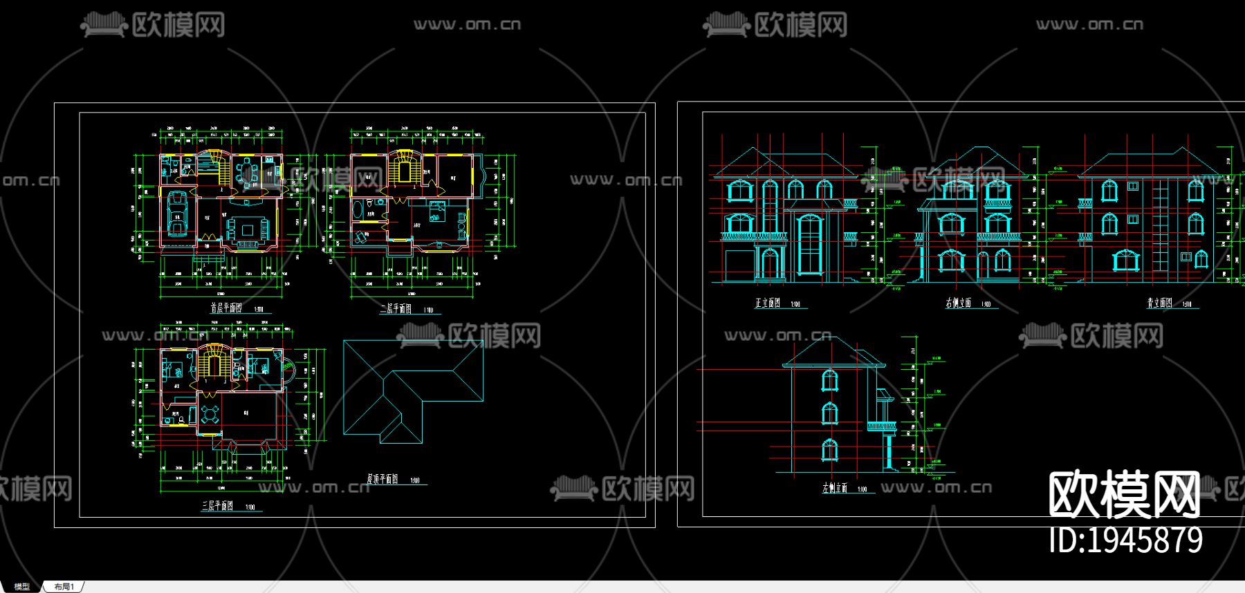 别墅建筑cad施工图-免费3dmax模型库-欧模网
