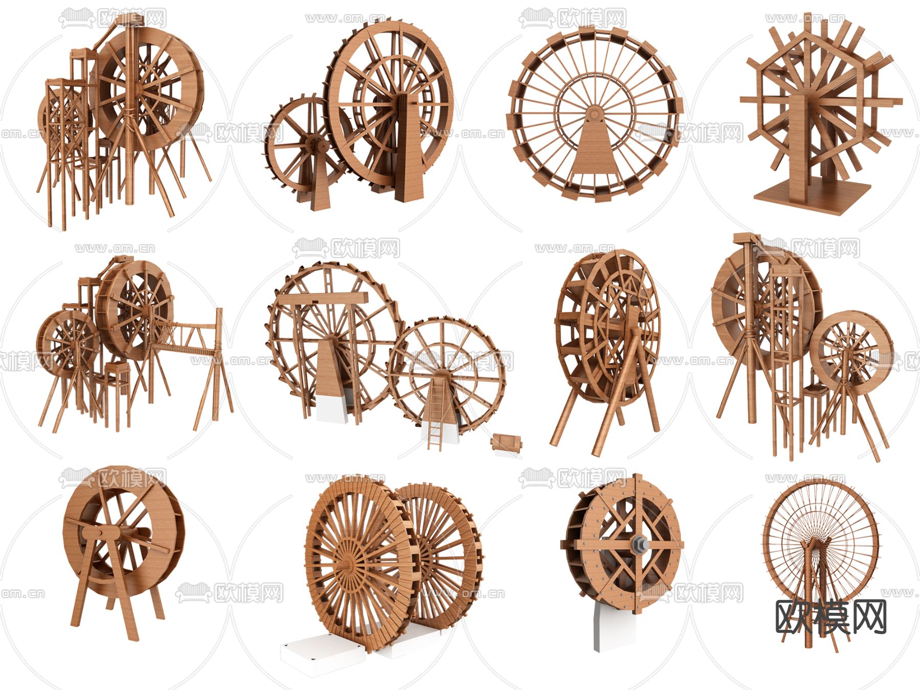 现代实木水车风车小品3d模型下载