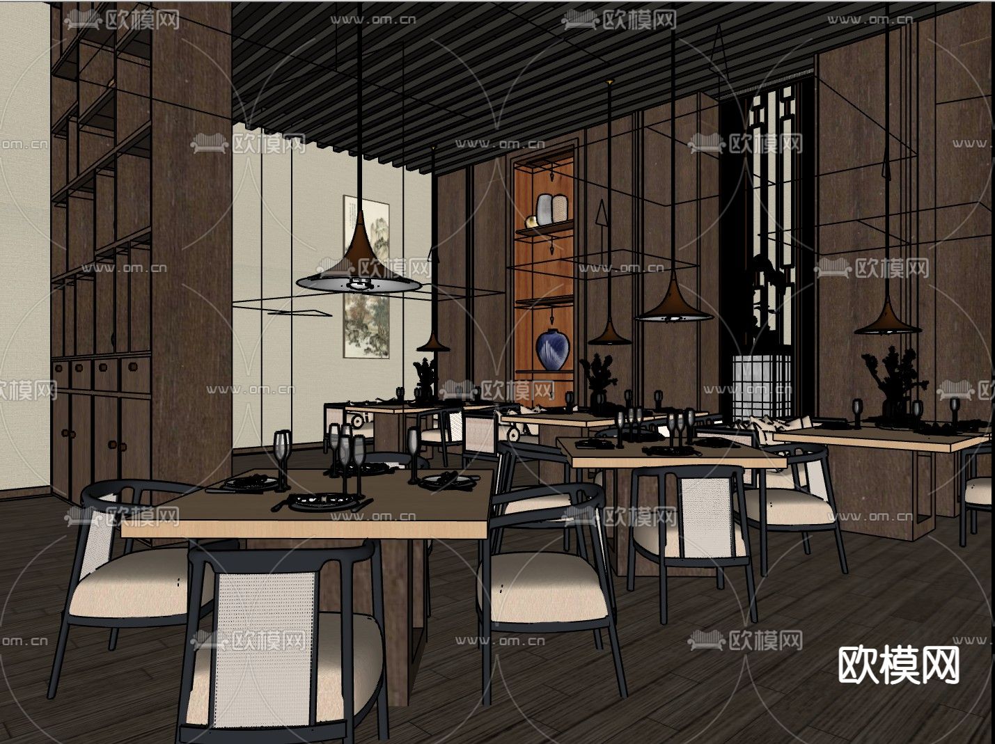新中式酒店中餐厅su模型