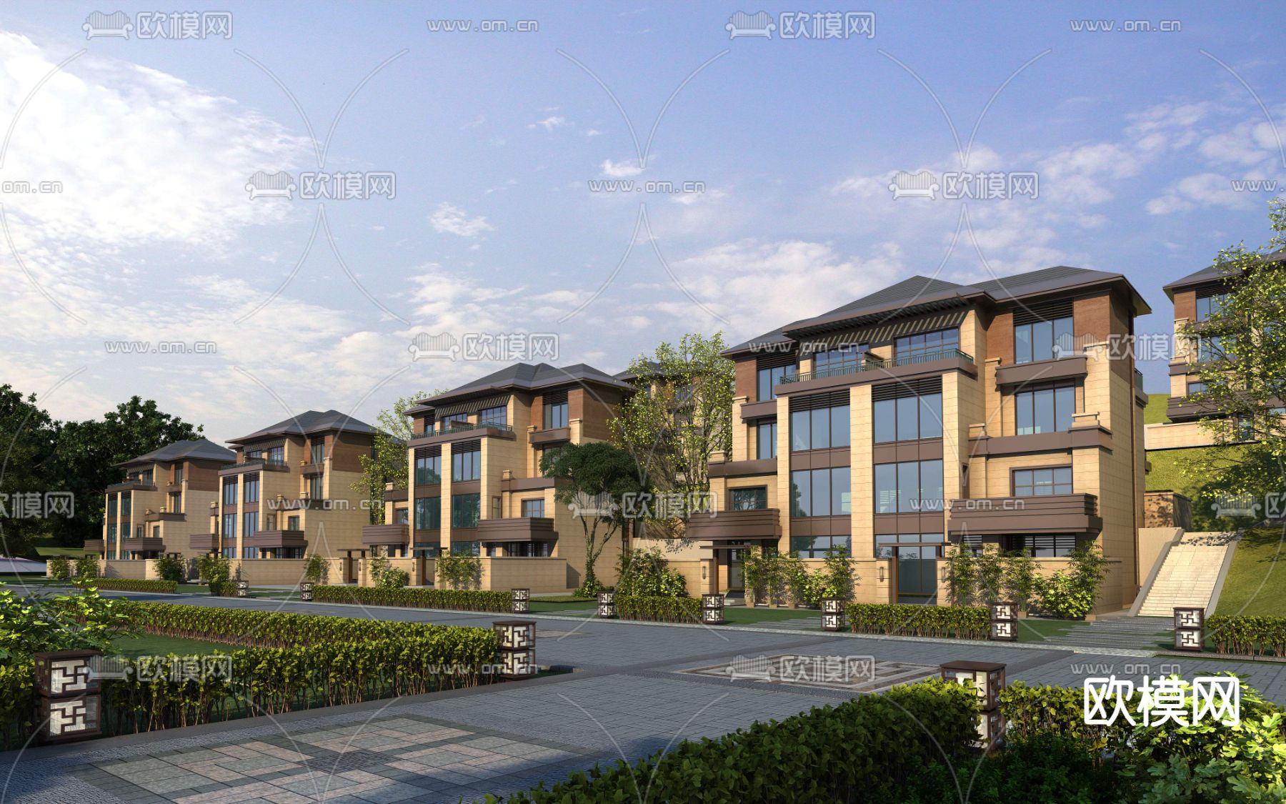 现代联排别墅外观3d模型下载