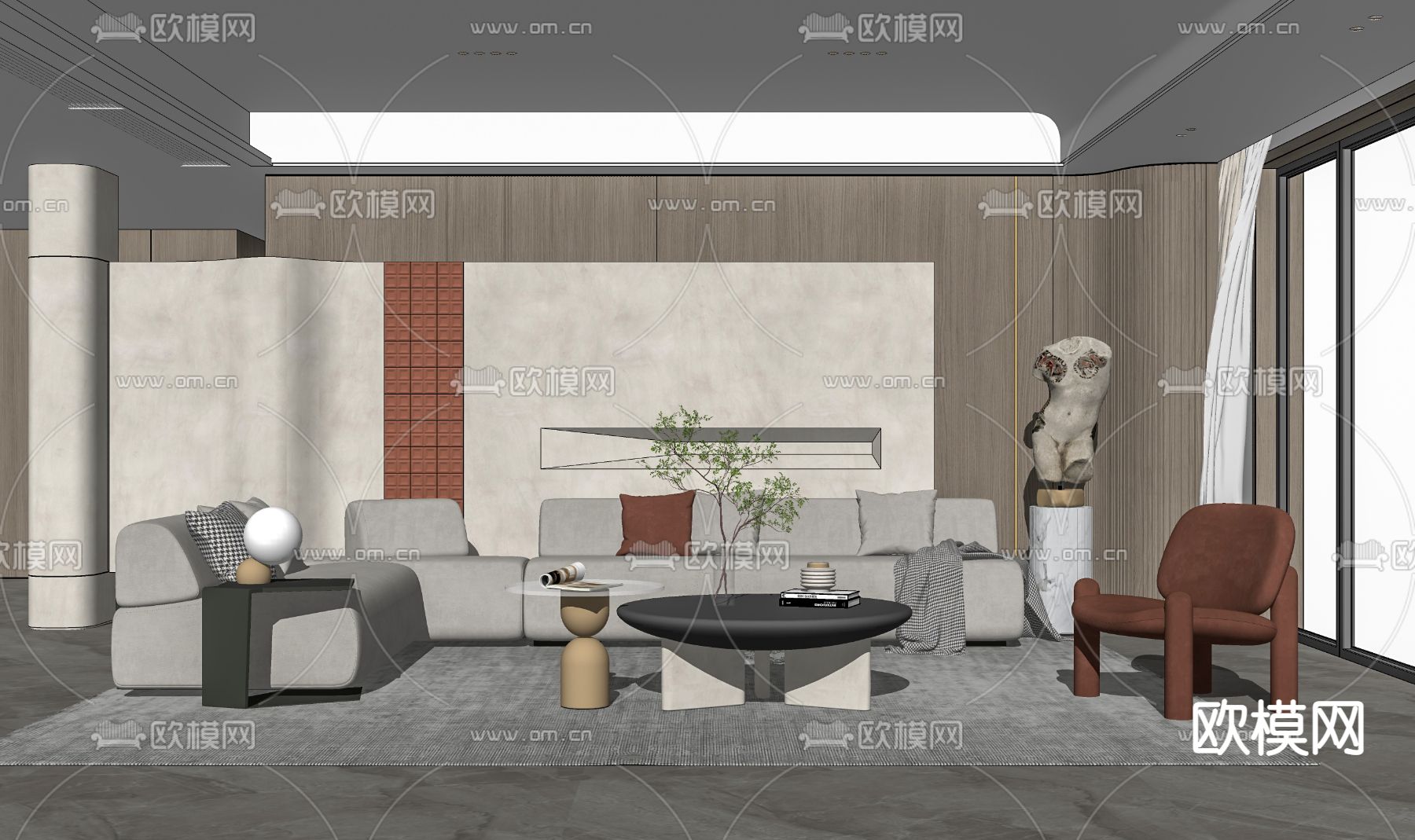 现代布艺沙发组合su模型下载（渲染图2）