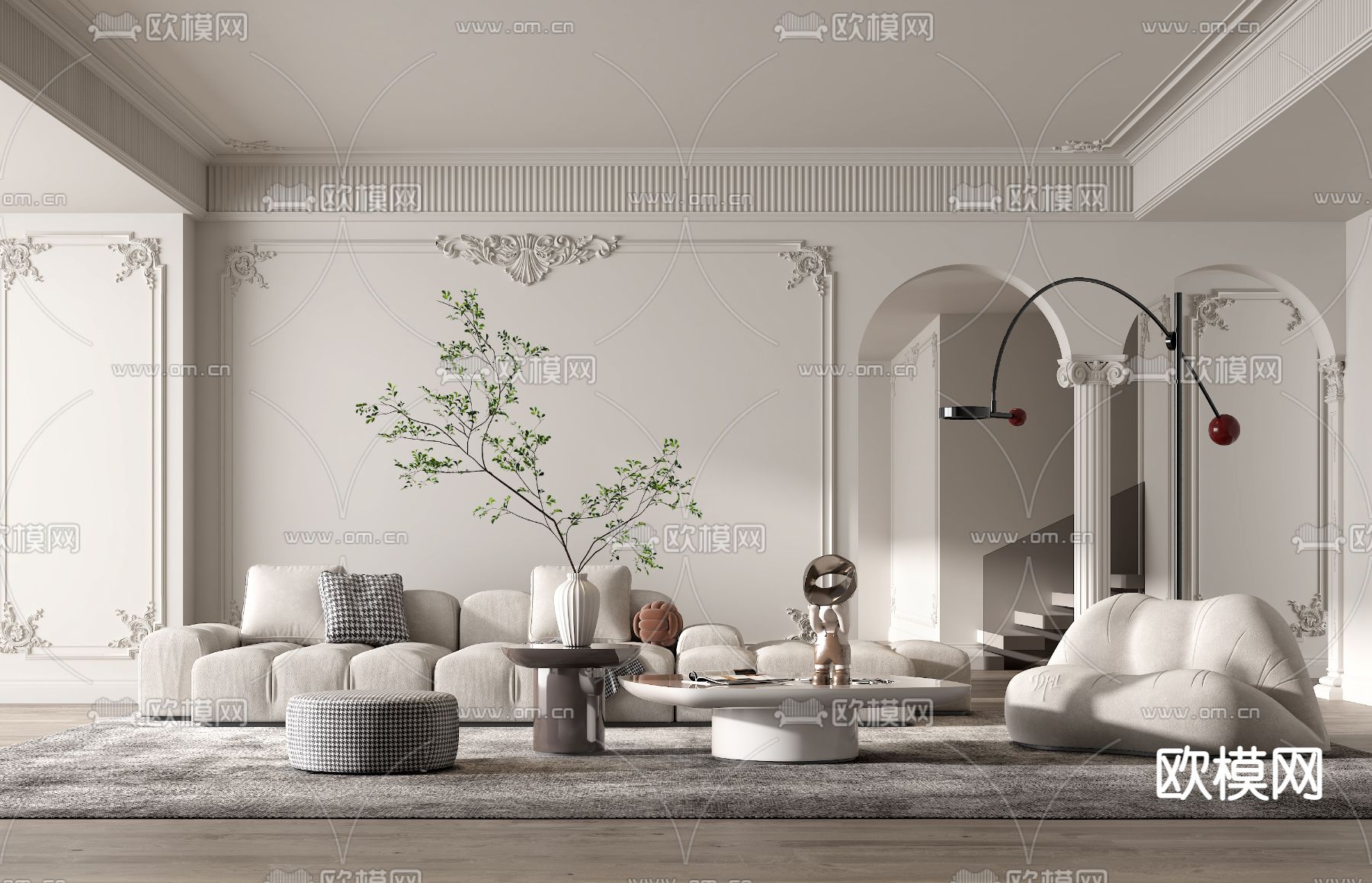 法式布艺沙发组合su模型下载（渲染图1）