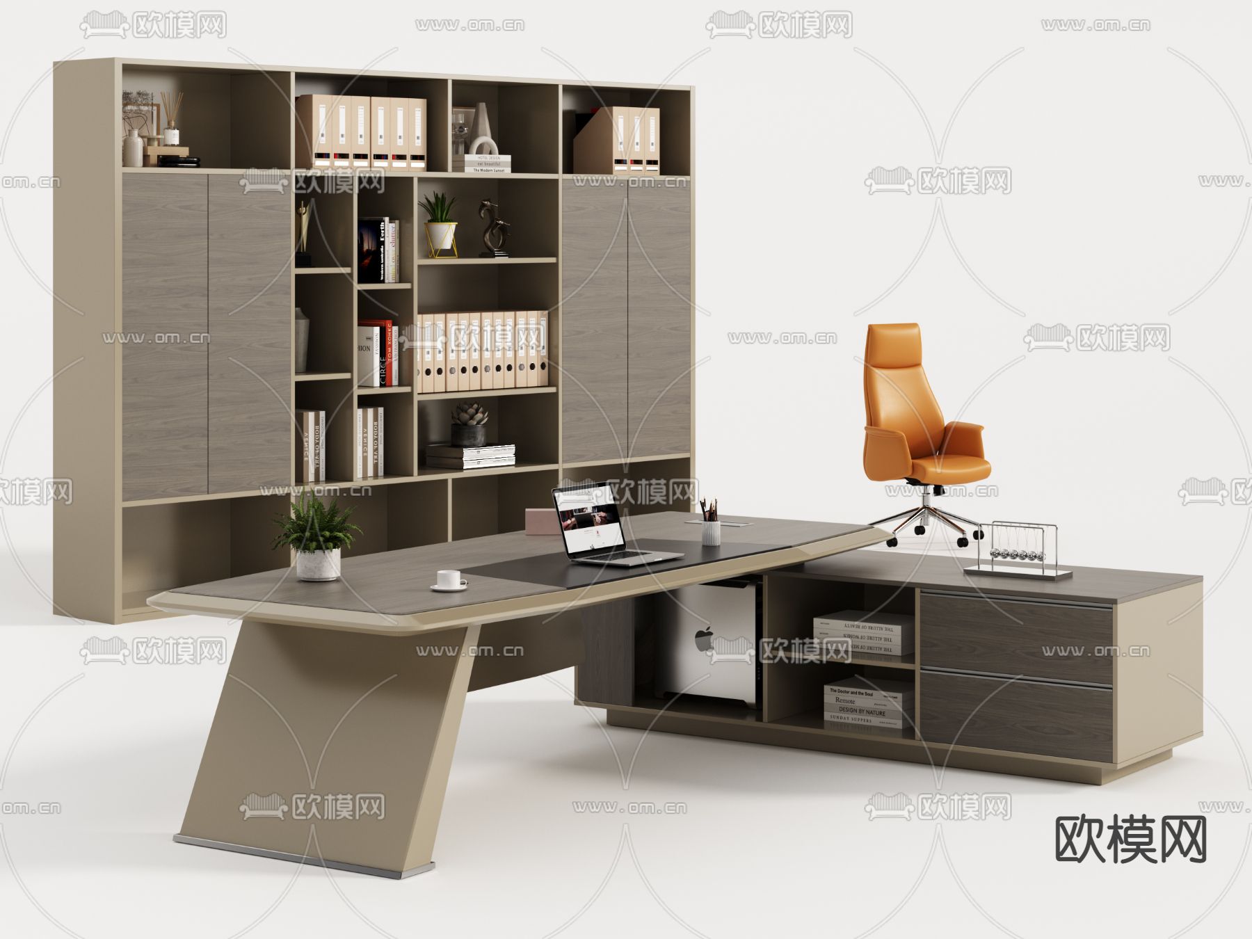 现代班台桌文件柜3d模型下载（渲染图2）