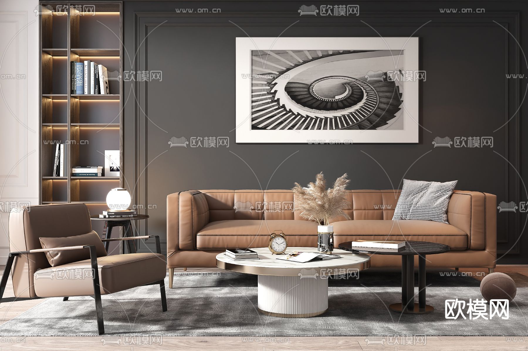 现代皮革多人沙发组合3d模型下载_ID11793591_3dmax免费模型-欧模网