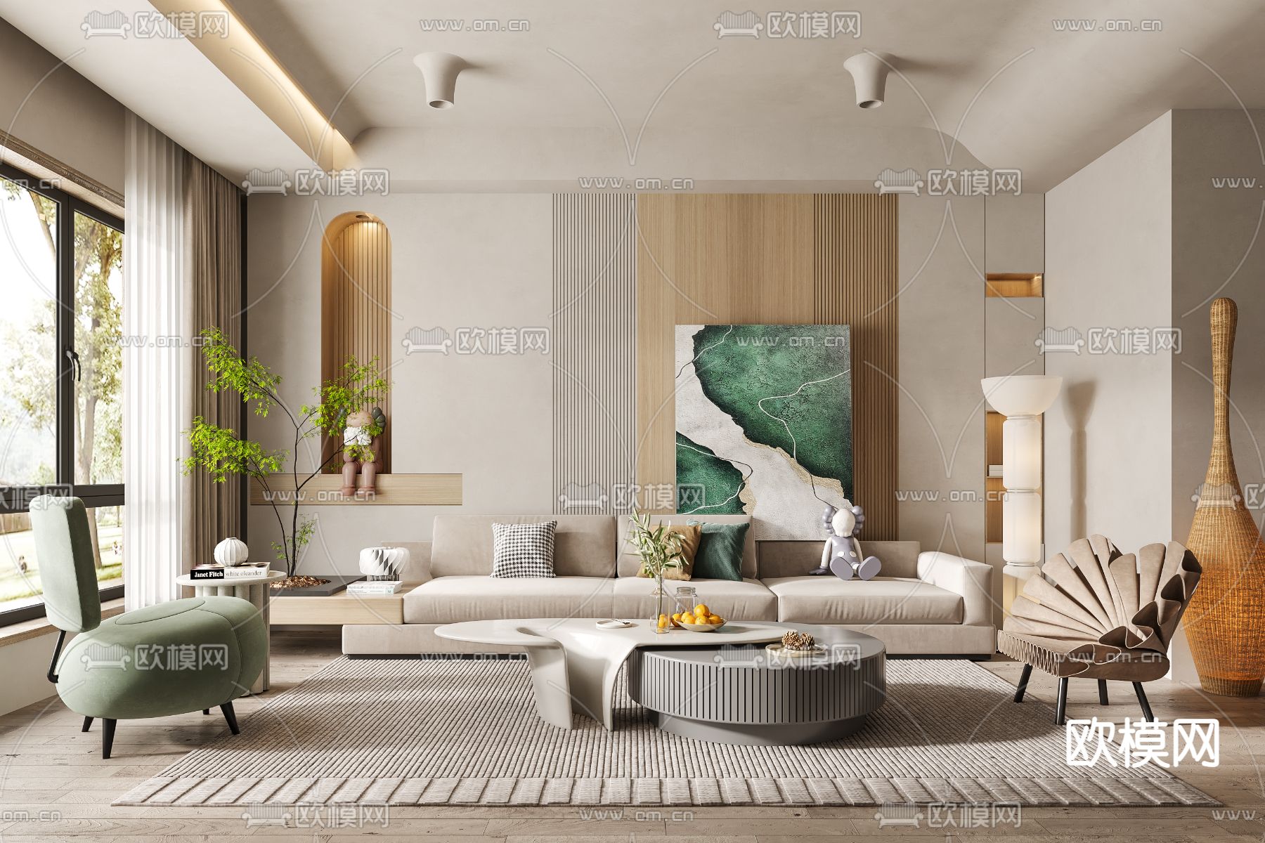 侘寂风布艺沙发组合3d模型下载（渲染图1）