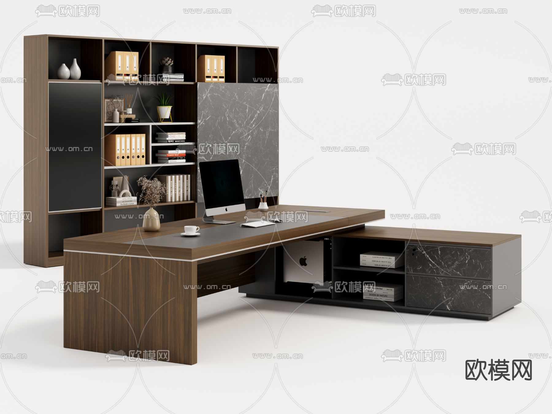 现代班台桌文件柜3d模型下载（渲染图1）