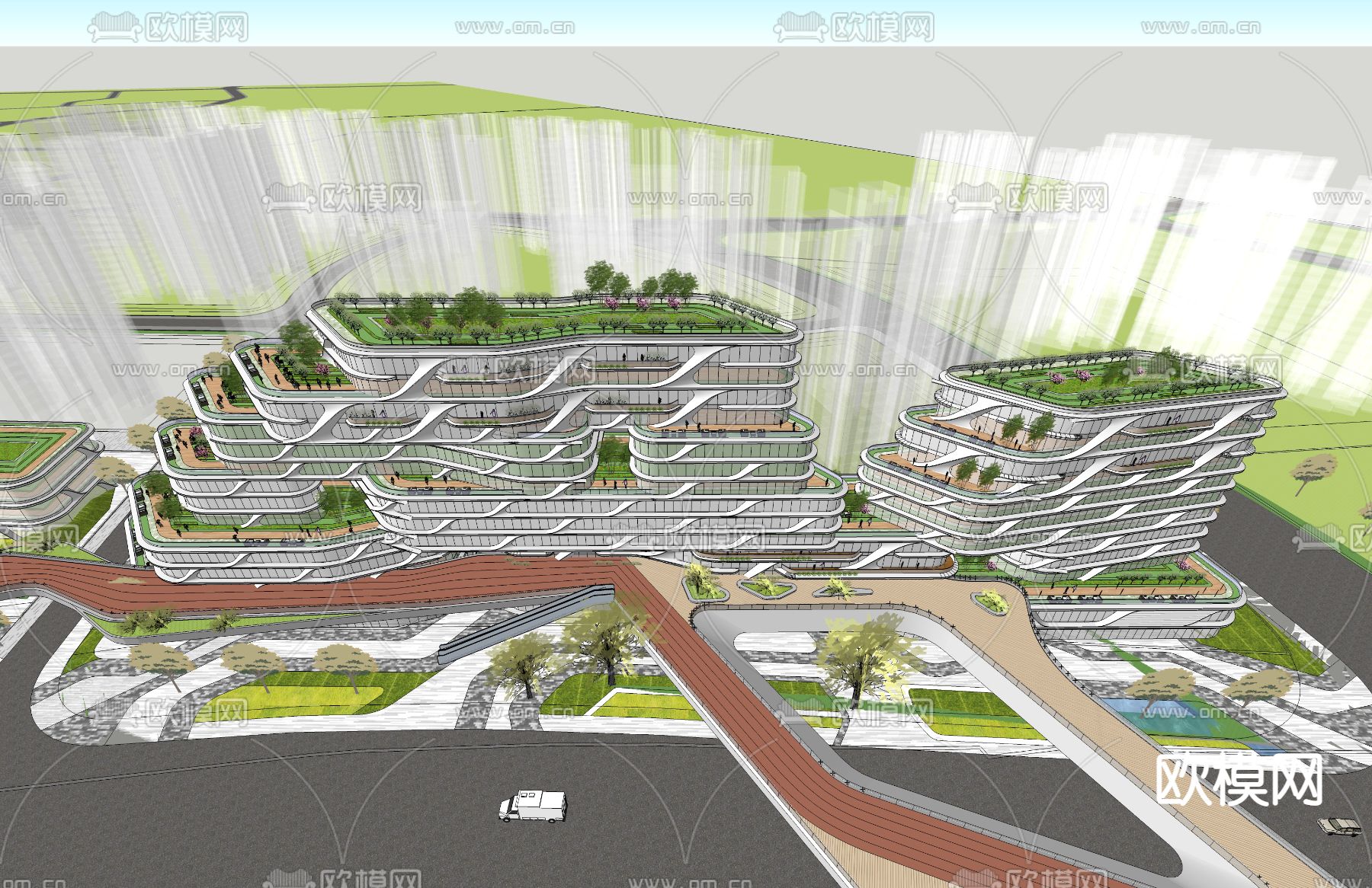 现代商业综合楼鸟瞰su模型下载（渲染图3）