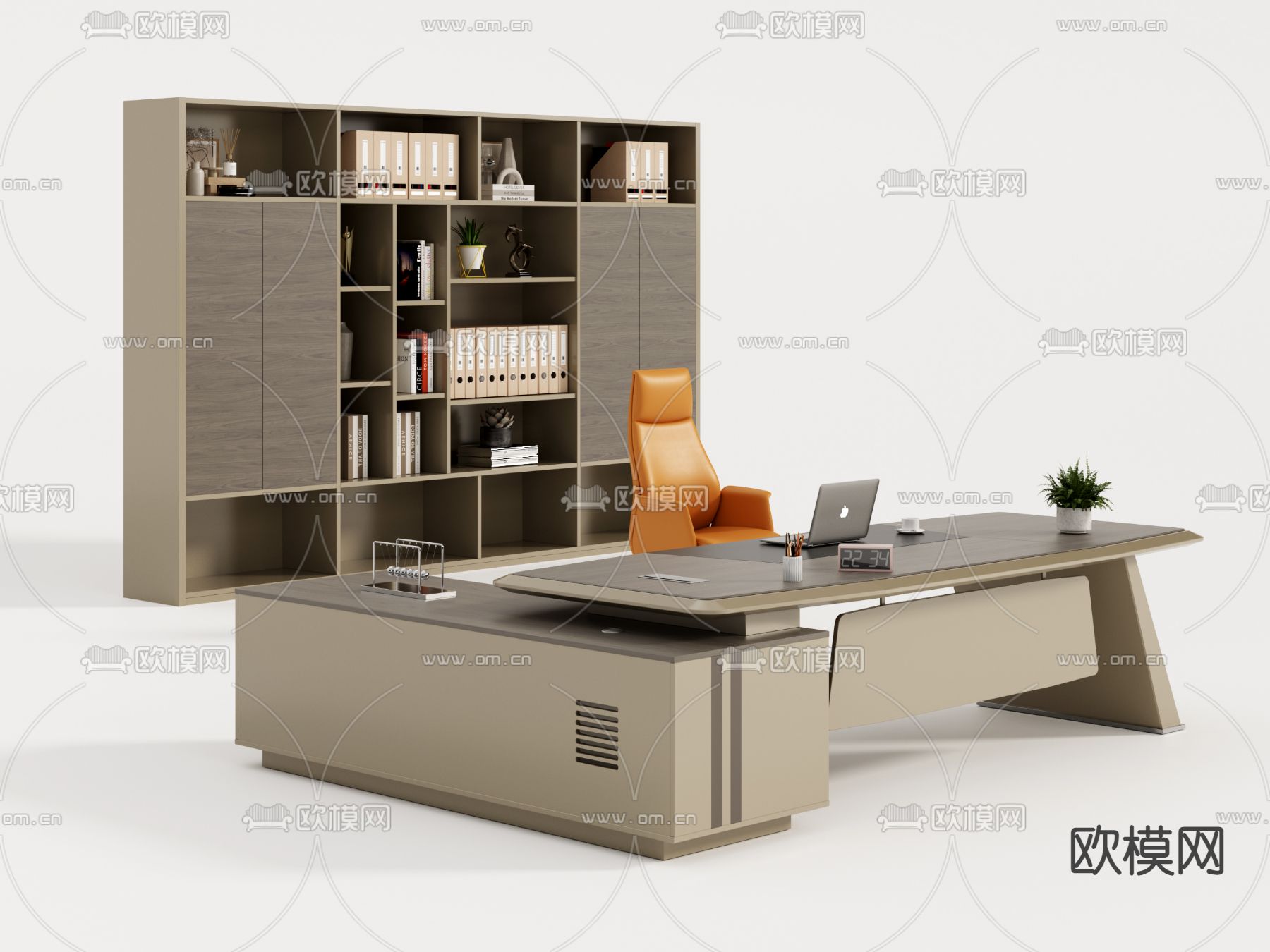 现代班台桌文件柜3d模型下载（渲染图1）
