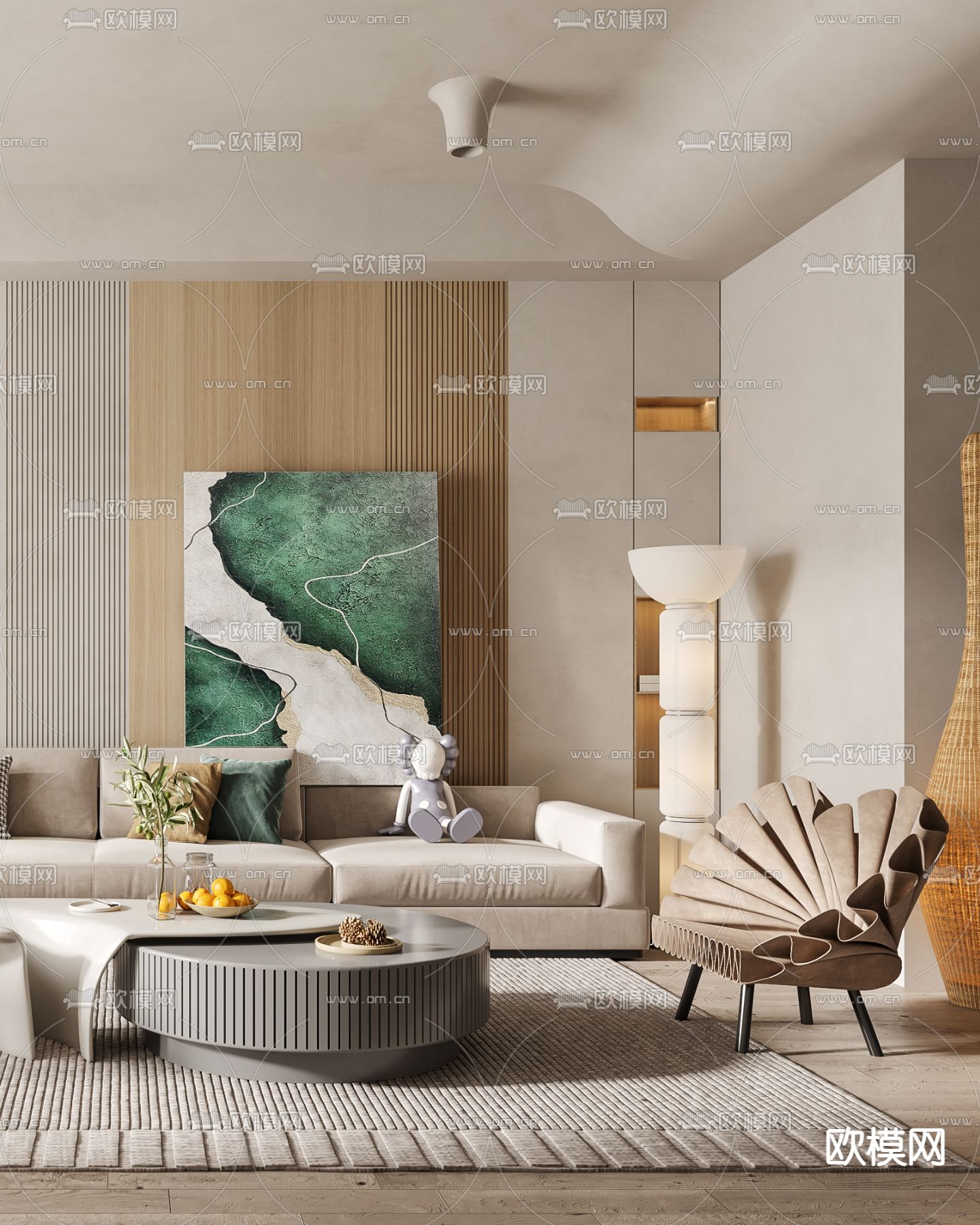 侘寂风布艺沙发组合3d模型下载（渲染图2）