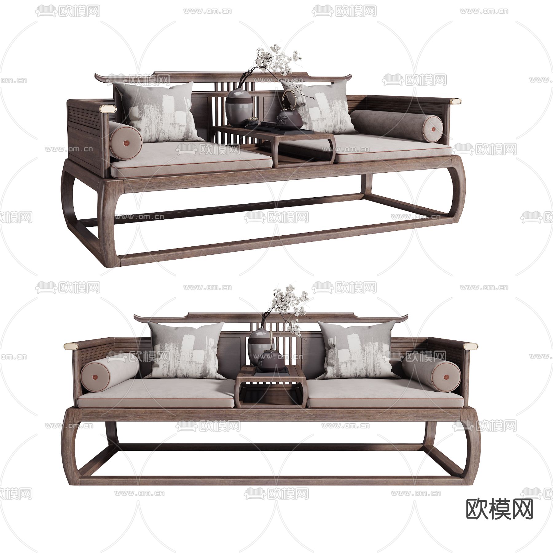 新中式实木罗汉床3d模型下载（渲染图1）