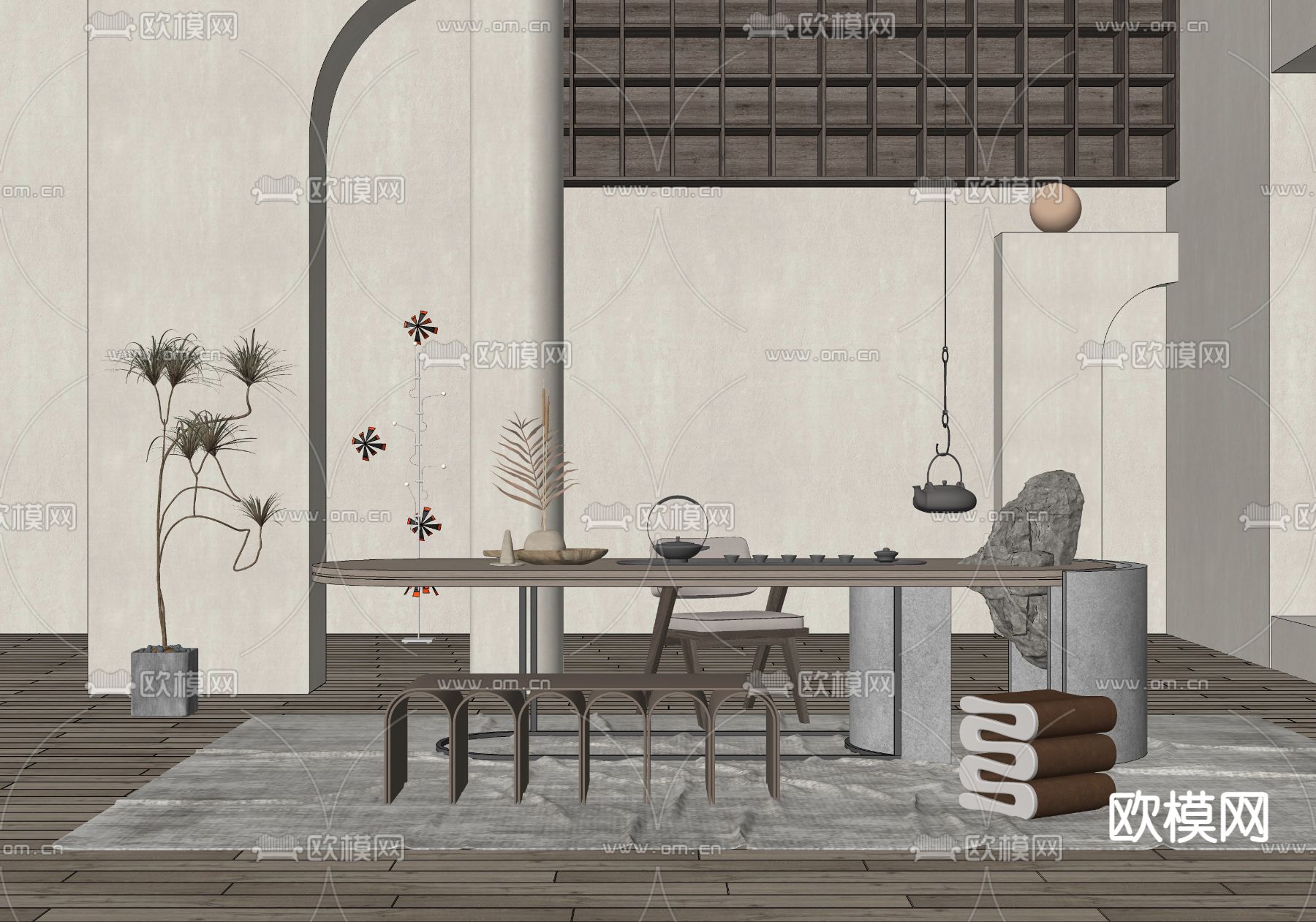 侘寂茶桌椅su模型下载（渲染图2）