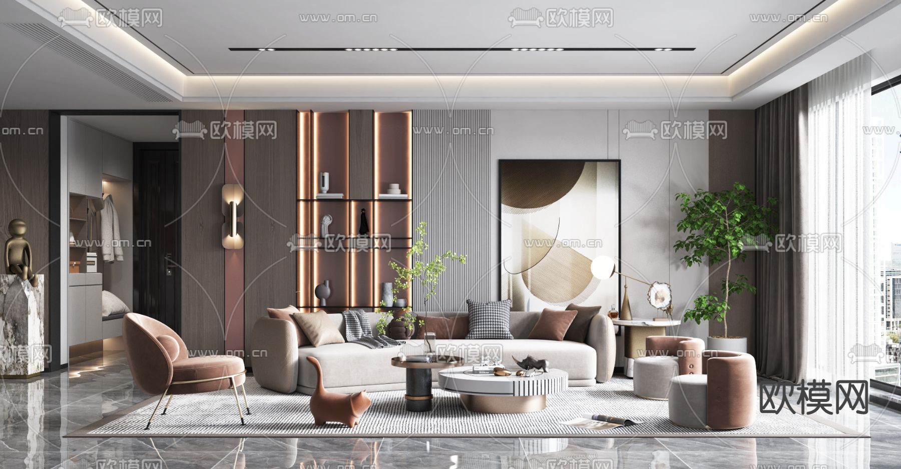 现代布艺弧形沙发组合3d模型下载