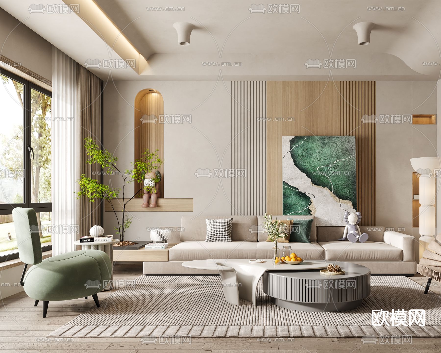 侘寂风布艺沙发组合3d模型下载（渲染图3）