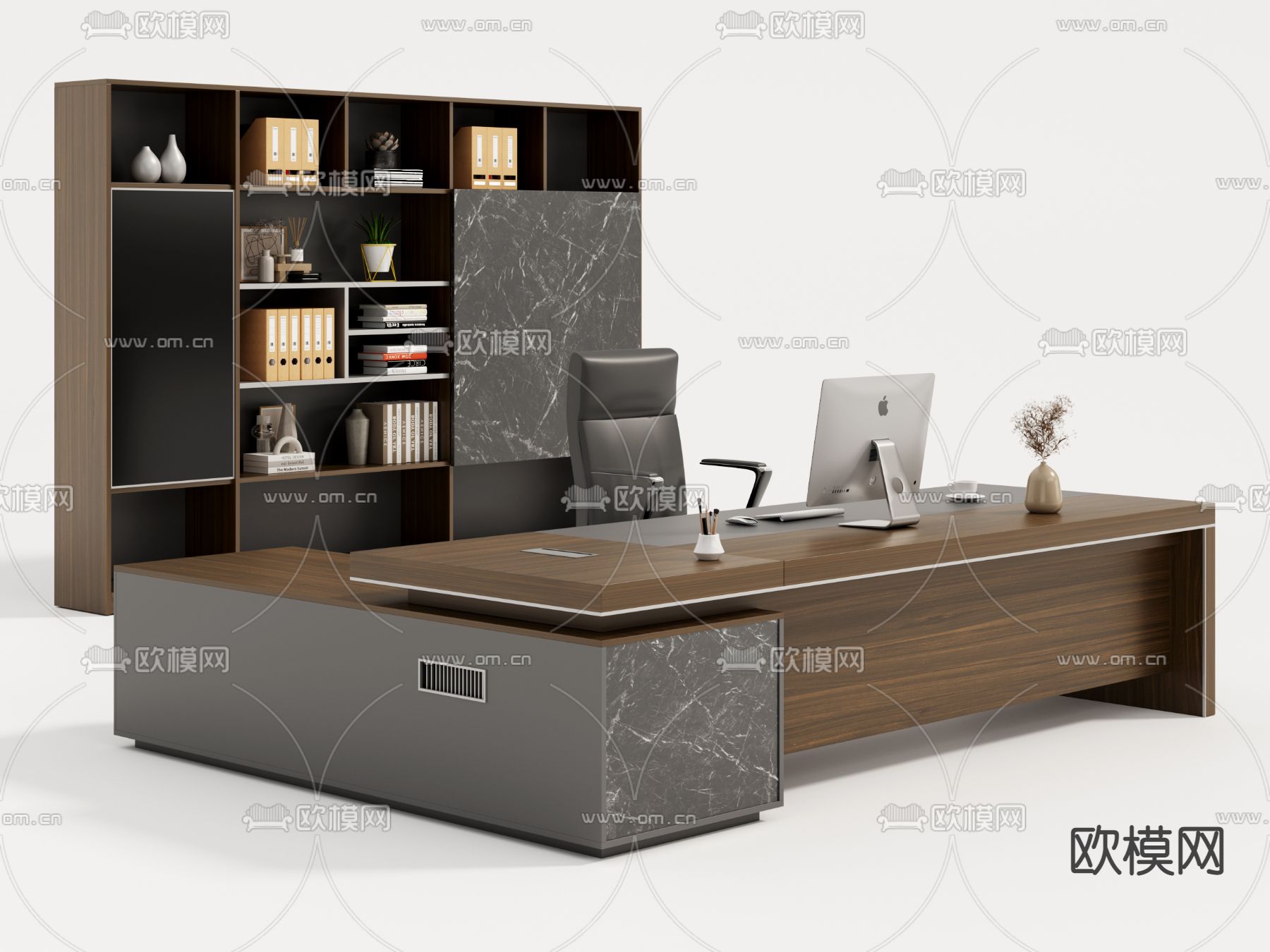 现代班台桌文件柜3d模型下载（渲染图2）