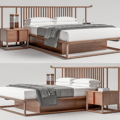 新中式实木双人床su模型