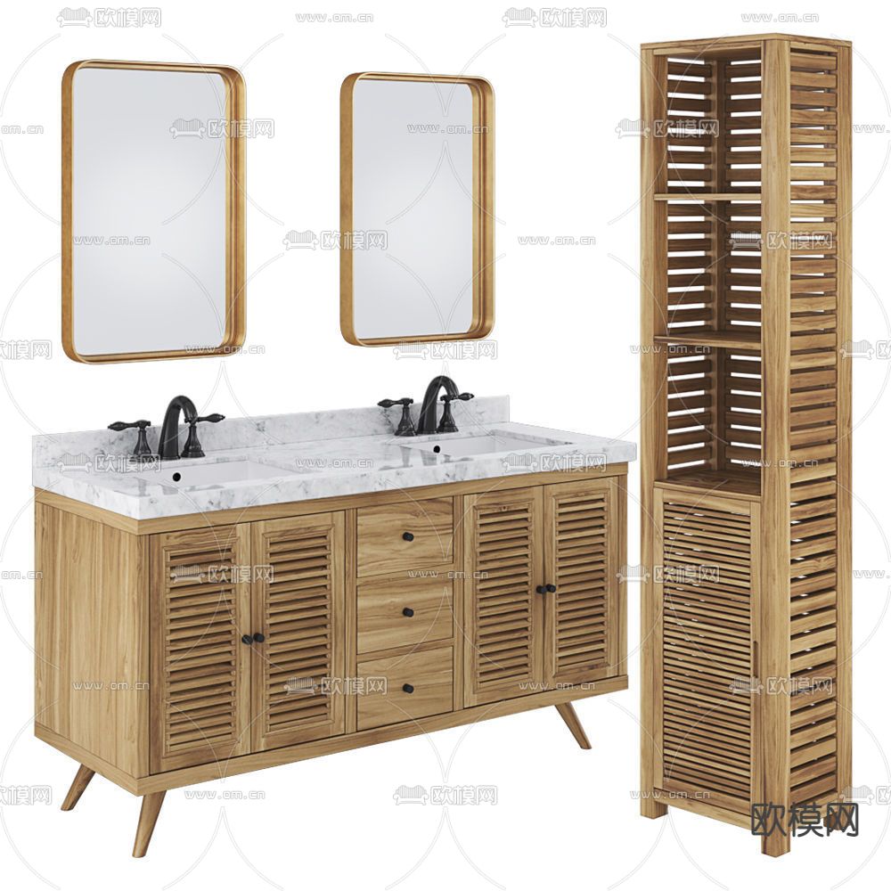 东南亚实木双盆洗手台3d模型下载（渲染图2）