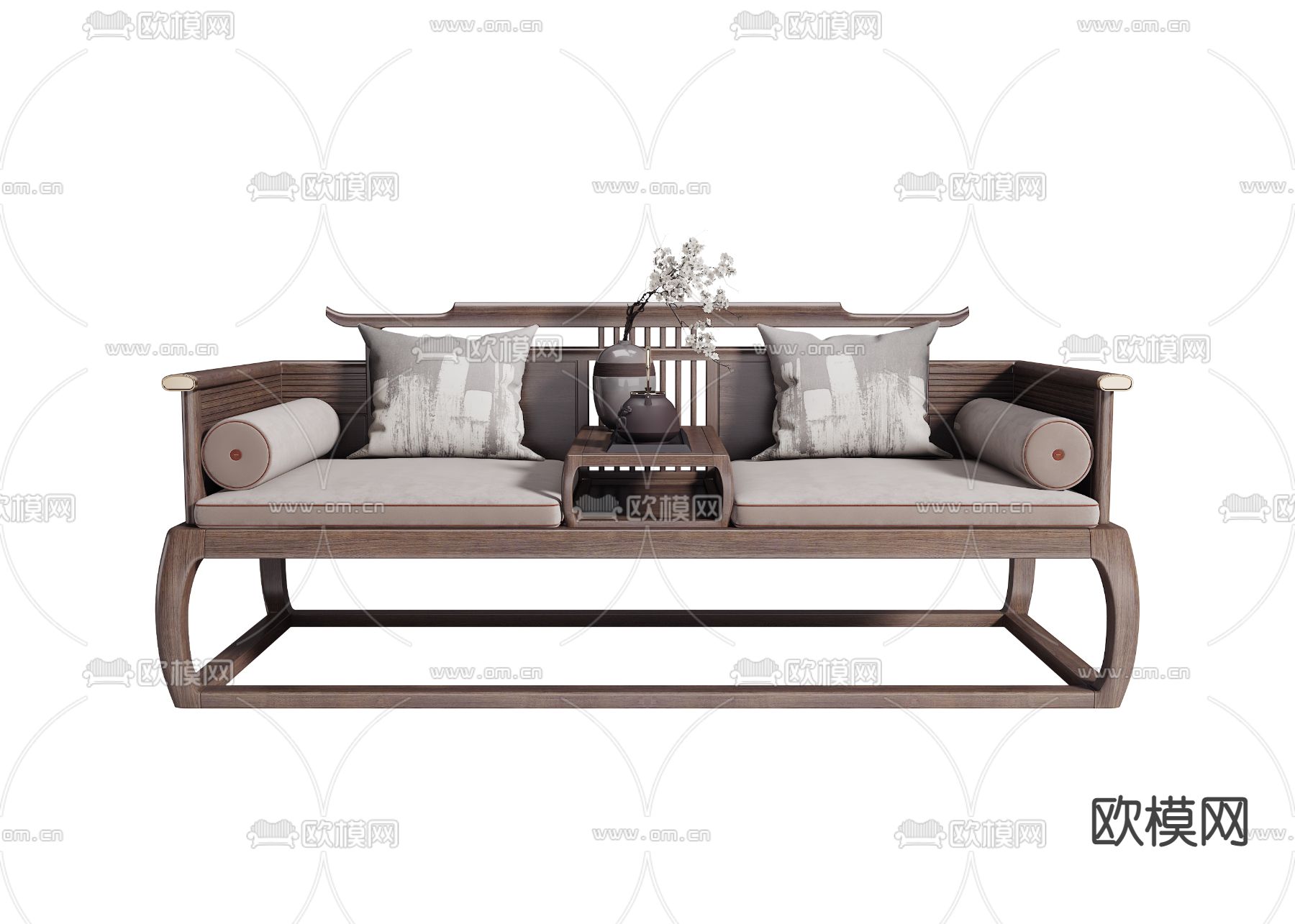 新中式实木罗汉床3d模型下载（渲染图2）