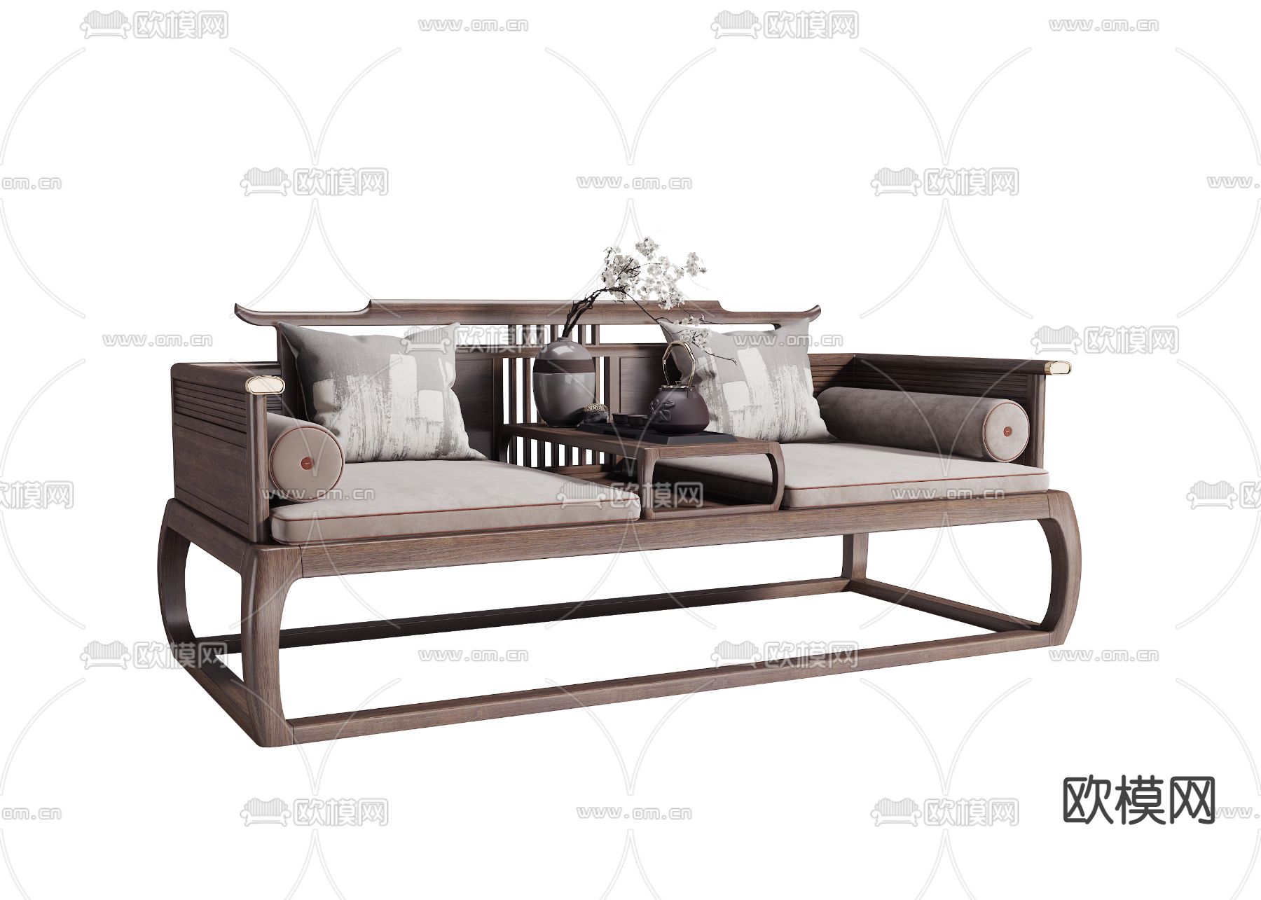 新中式实木罗汉床3d模型下载（渲染图3）