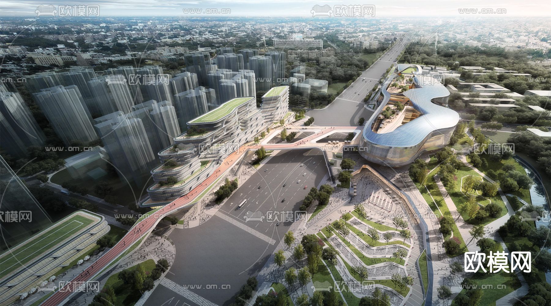 现代商业综合楼鸟瞰su模型下载（渲染图1）