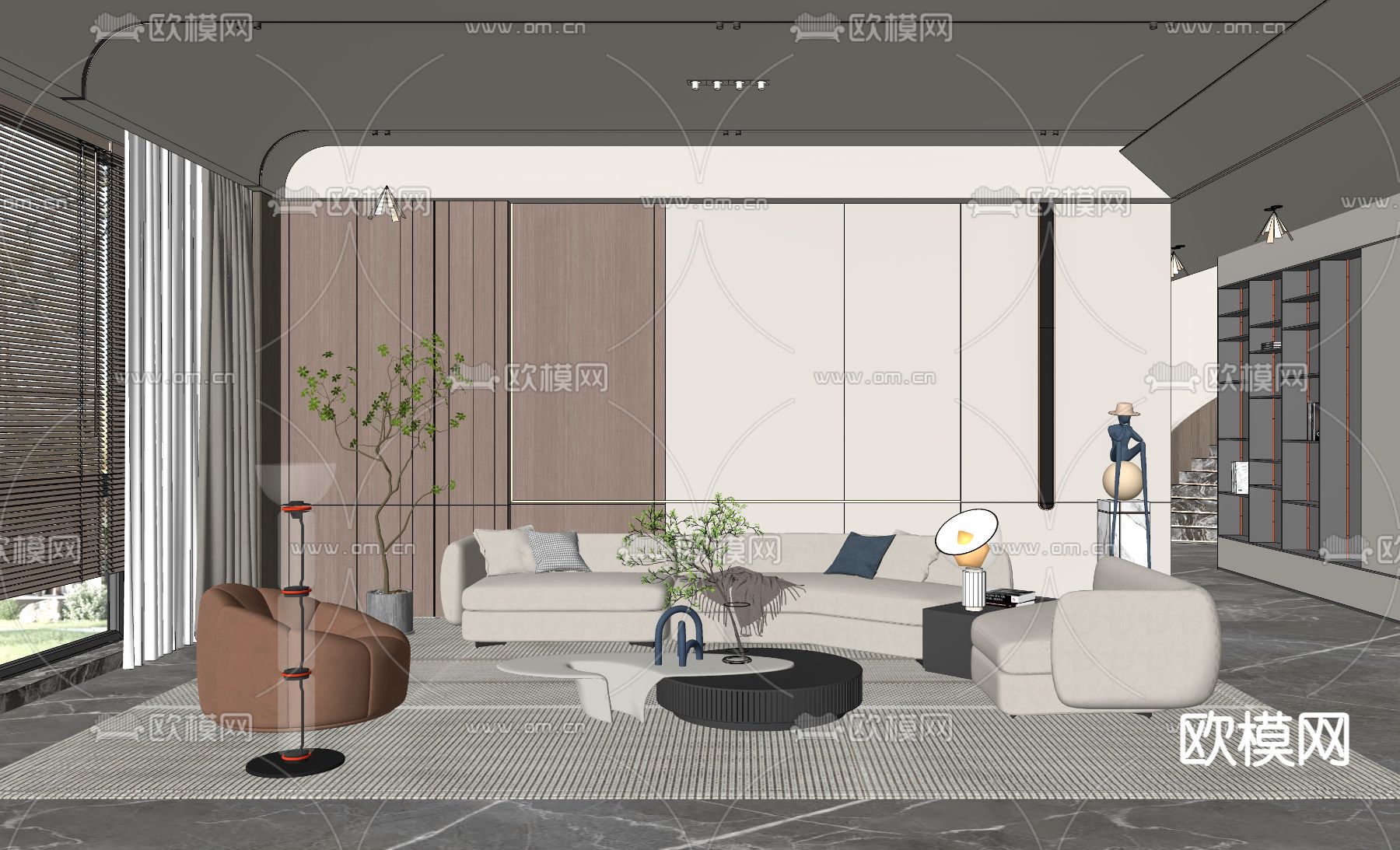 现代布艺沙发组合su模型下载（渲染图2）