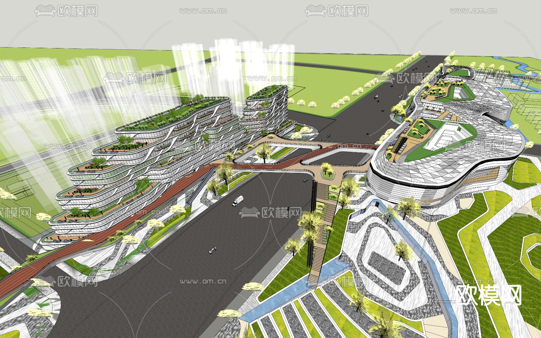 现代商业综合楼鸟瞰su模型下载（渲染图4）