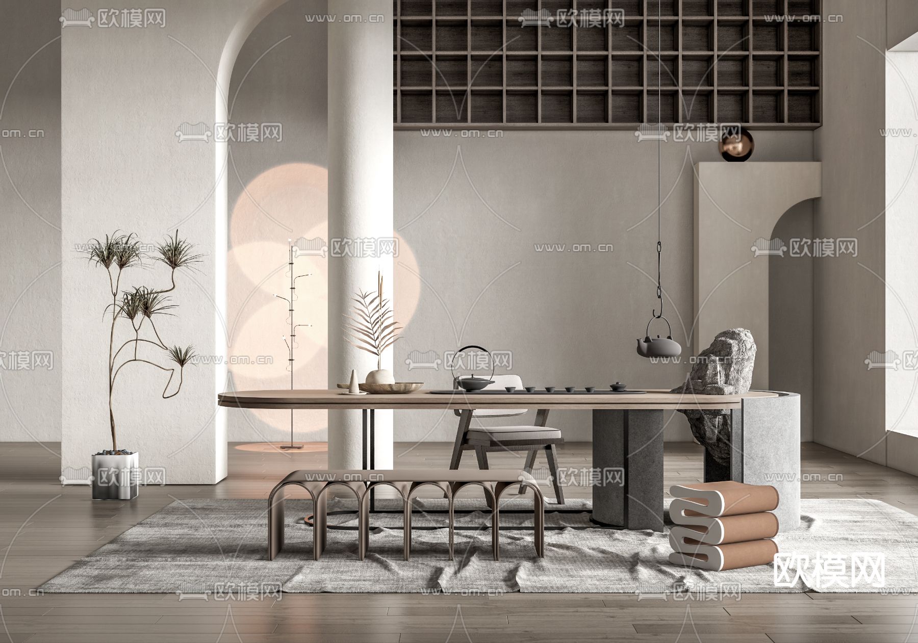 侘寂茶桌椅su模型下载（渲染图1）