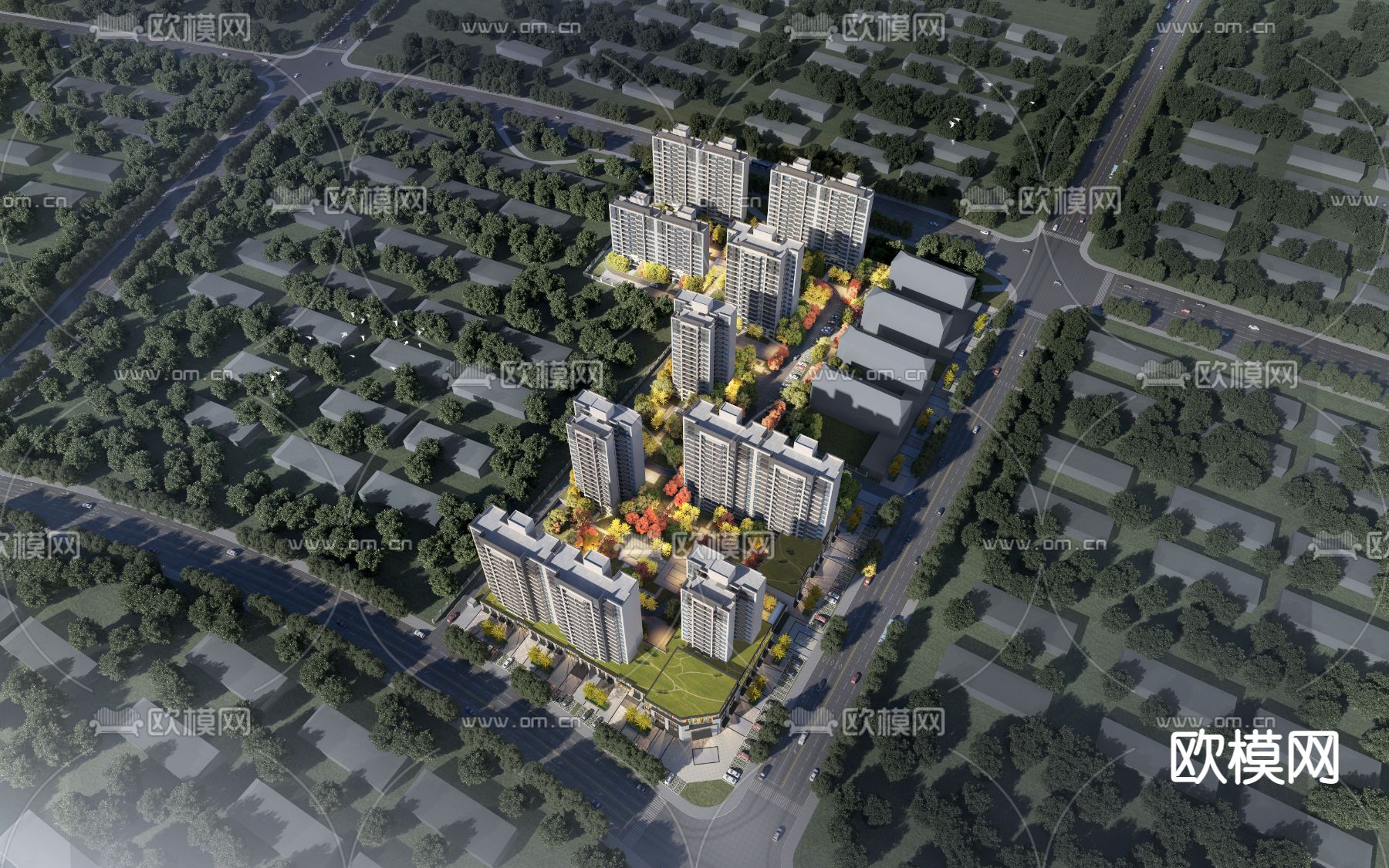 新中式小区鸟瞰3d模型下载